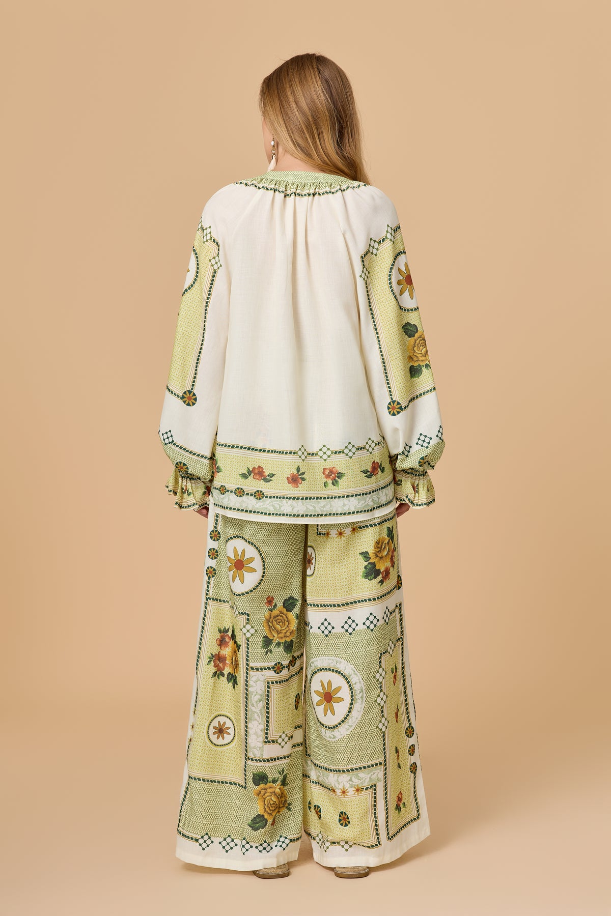Floral Print Tie Neck Long Sleeve Wide Leg Pants Top