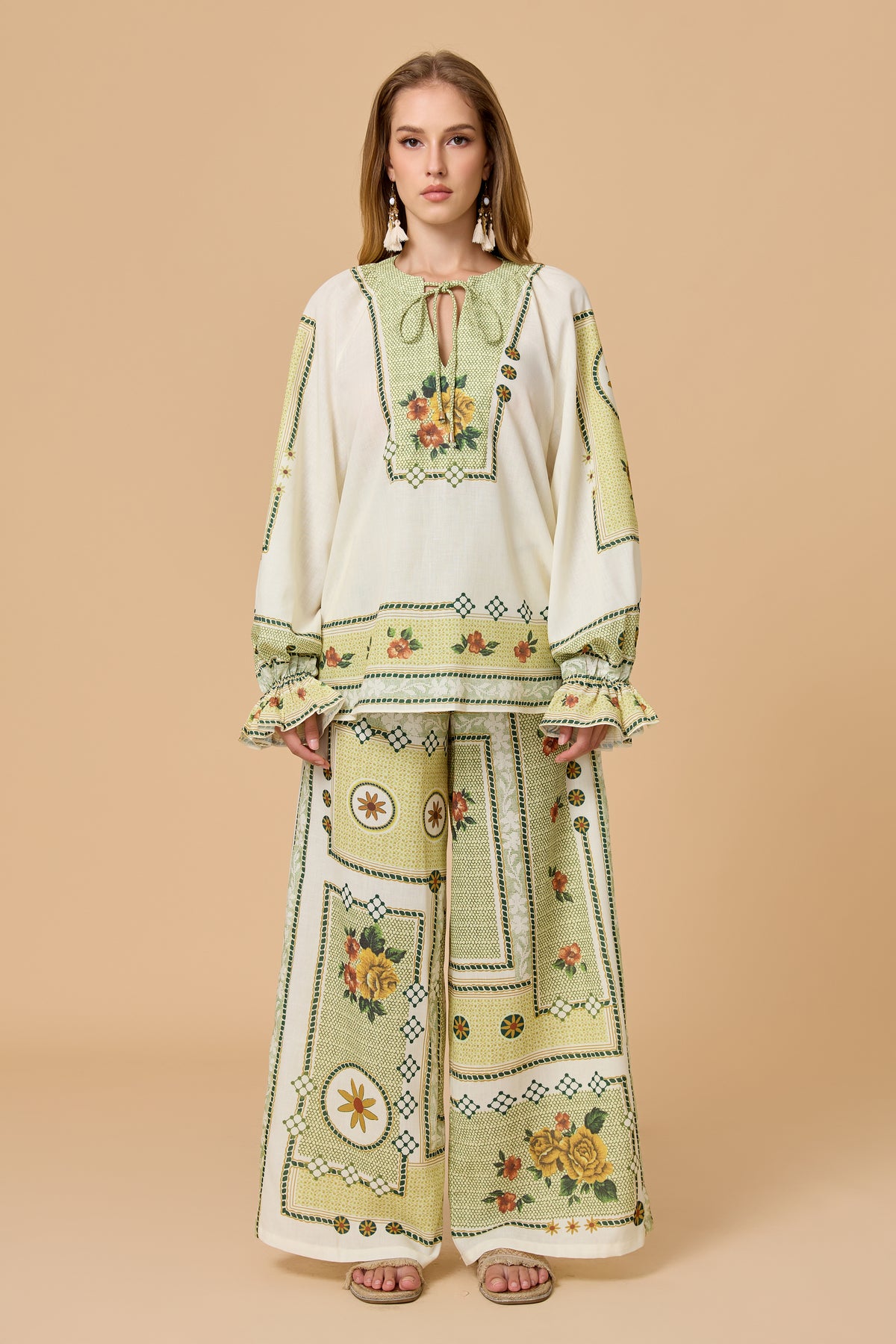 Floral Print Tie Neck Long Sleeve Wide Leg Pants Top