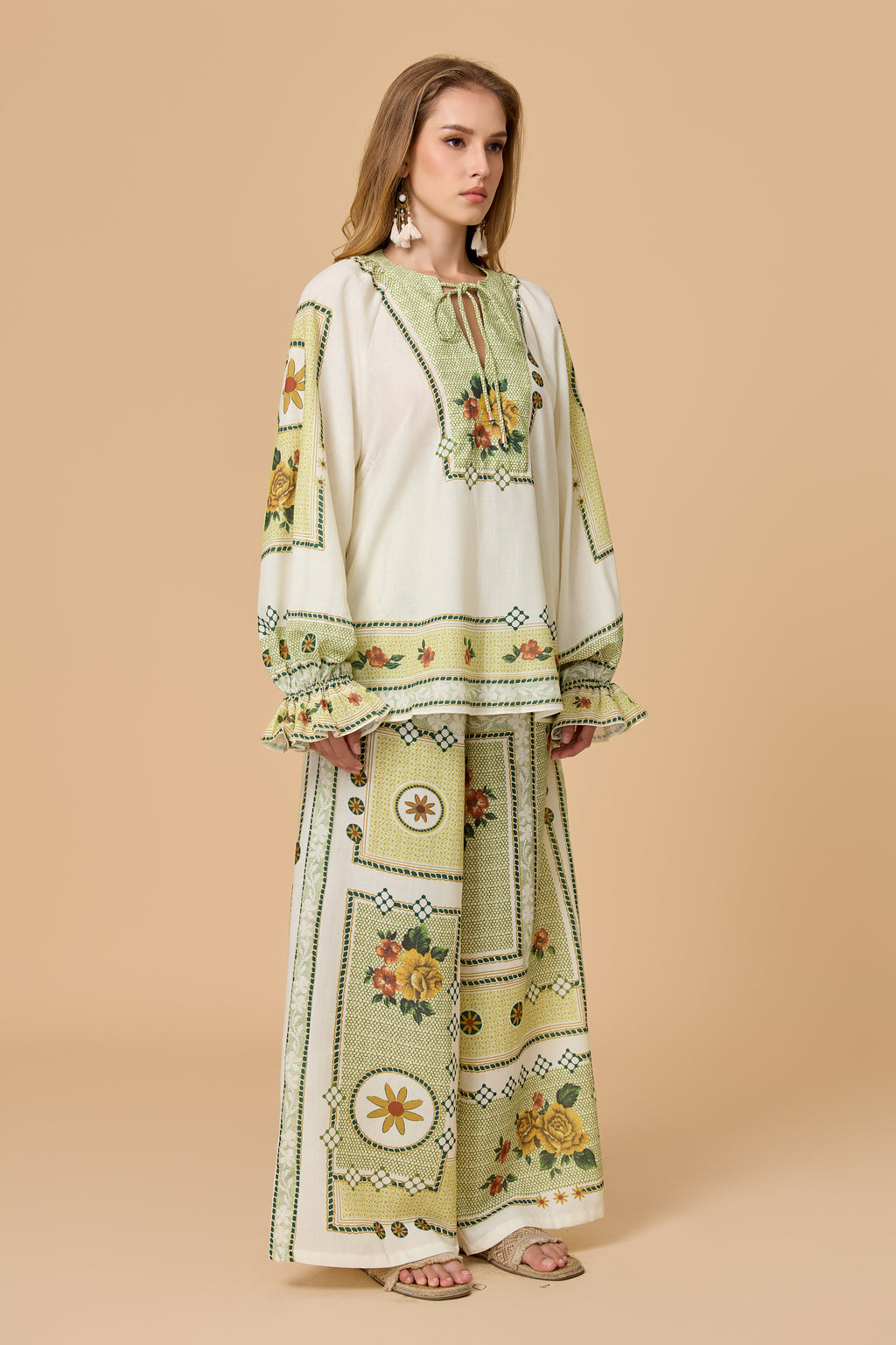 Floral Print Tie Neck Long Sleeve Wide Leg Pants Top