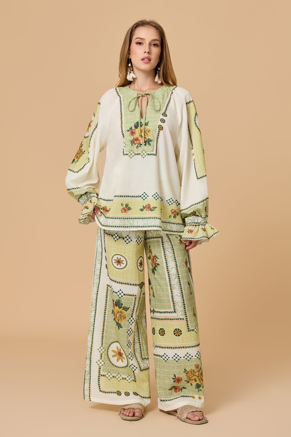 Floral Print Tie Neck Long Sleeve Wide Leg Pants Top