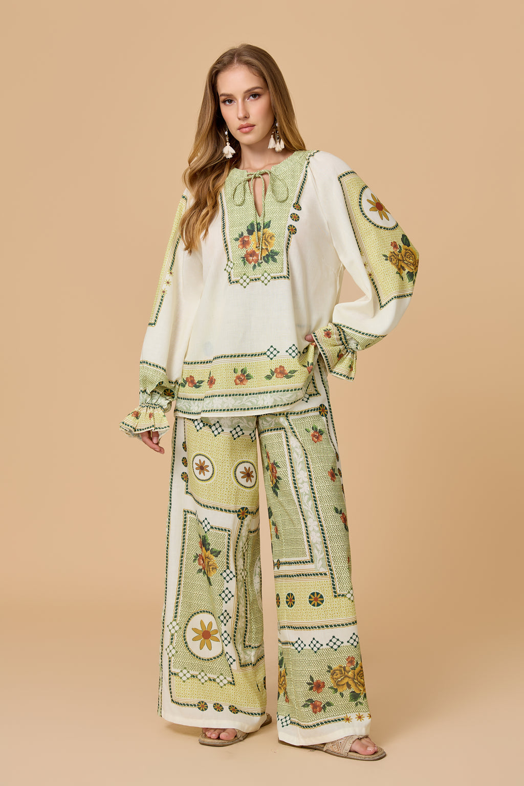 Floral Print Tie Neck Long Sleeve Wide Leg Pants Top