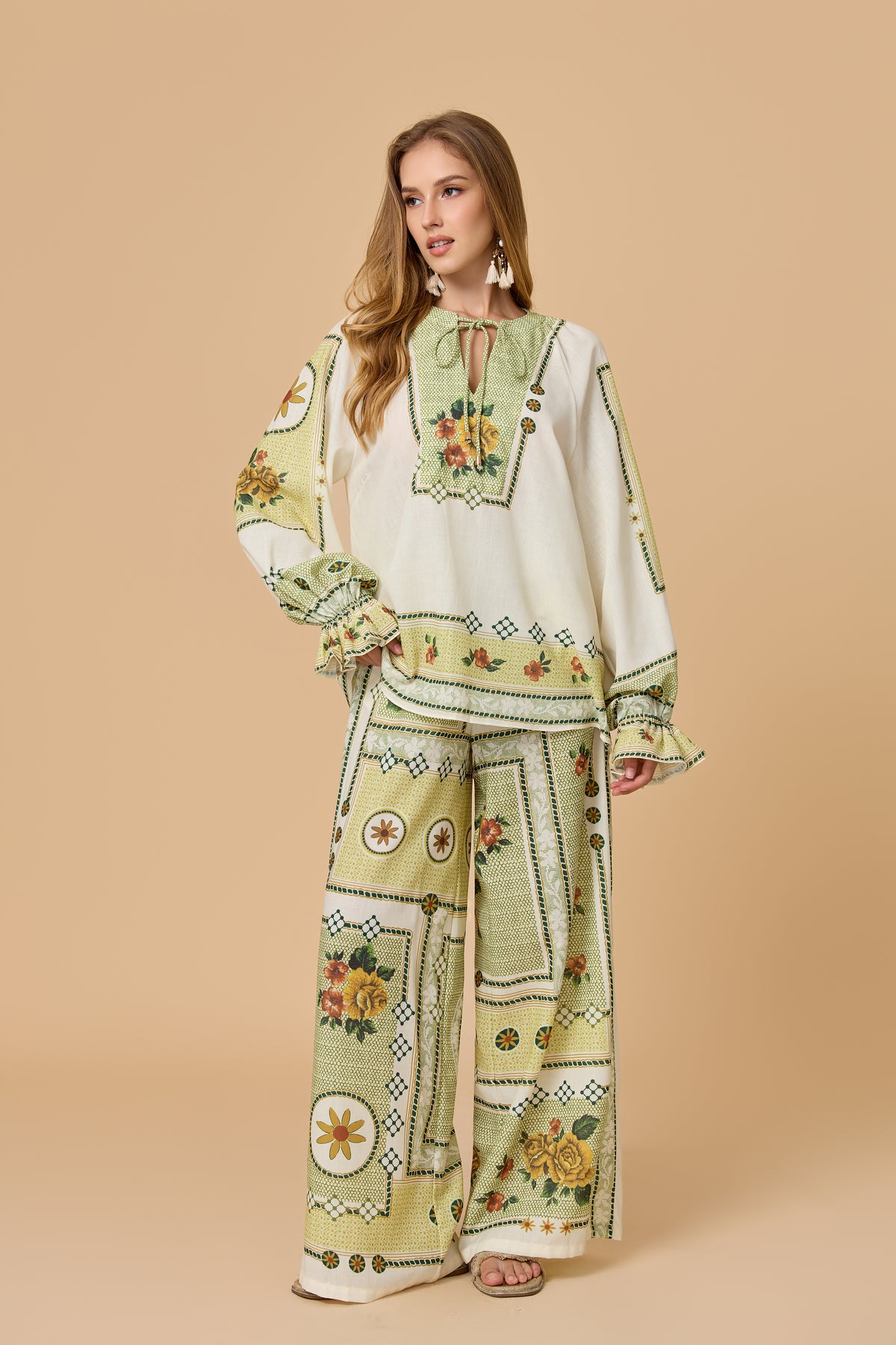 Floral Print Tie Neck Long Sleeve Wide Leg Pants Top