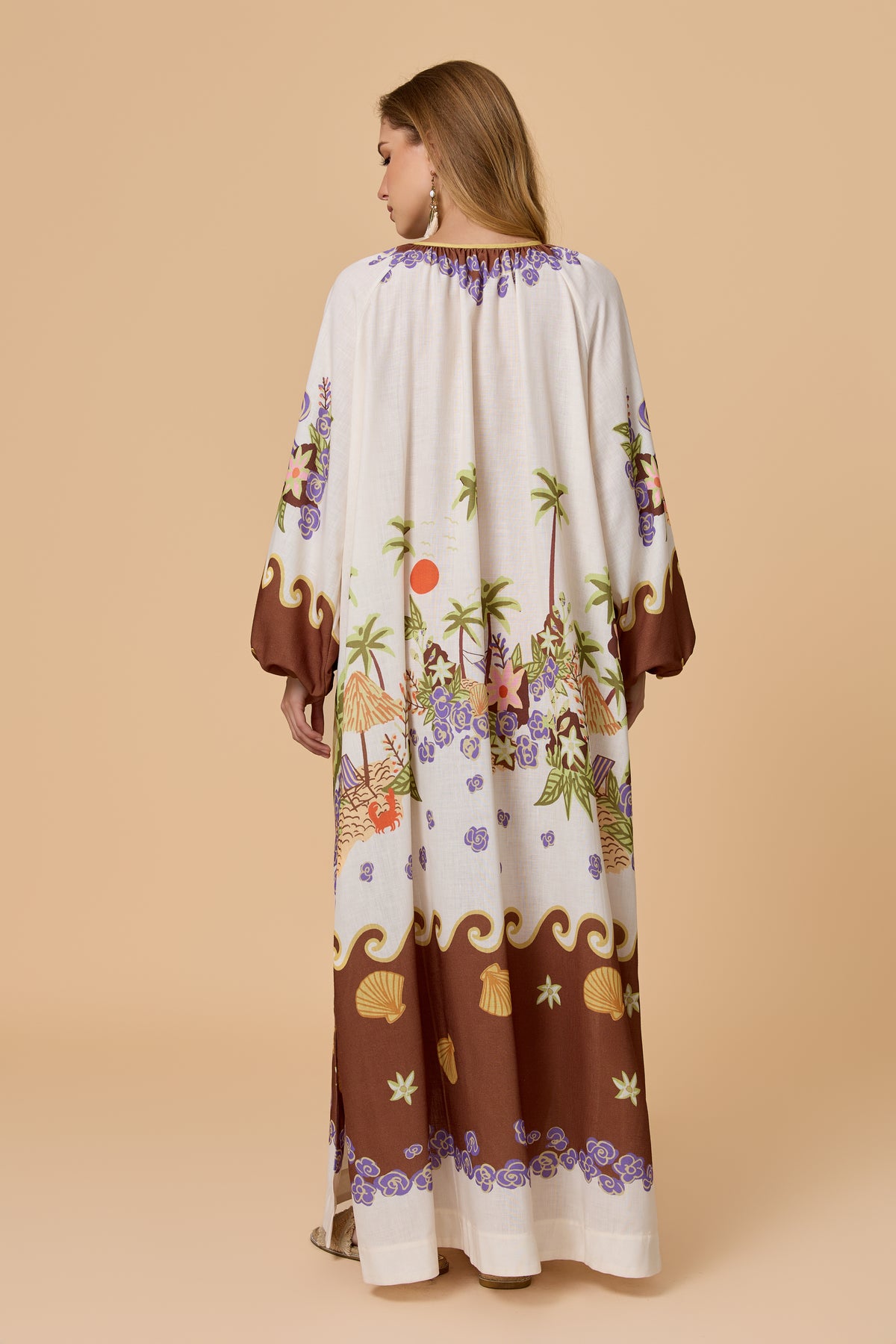 Tropical Island Print Tie Neck Balloon Sleeve Maxi Dress