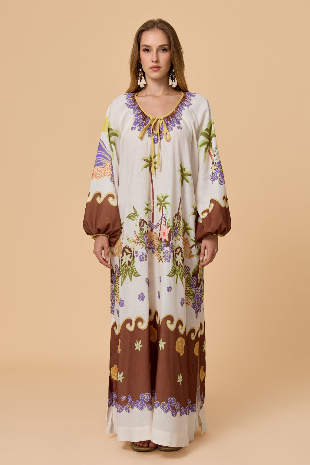 Tropical Island Print Tie Neck Balloon Sleeve Maxi Dress
