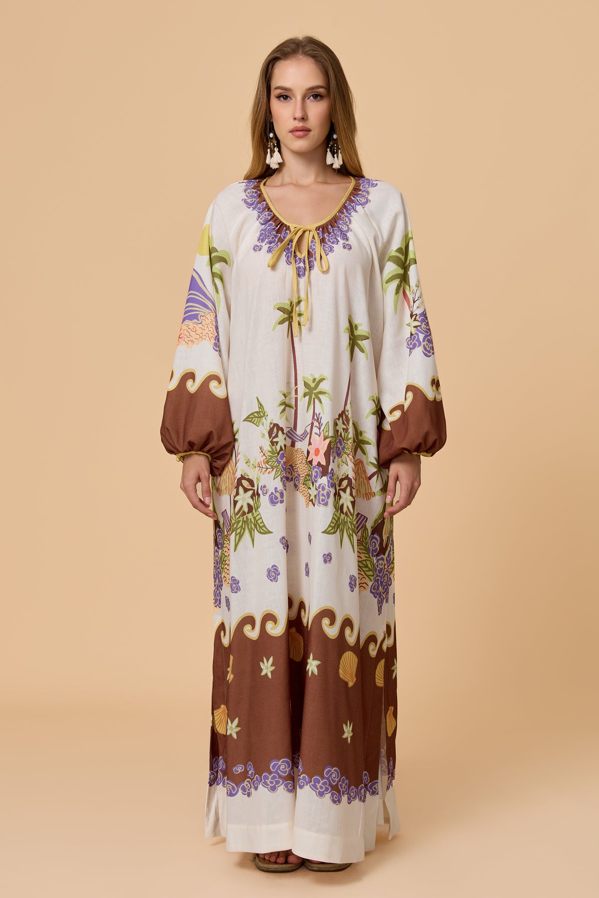 Tropical Island Print Tie Neck Balloon Sleeve Maxi Dress