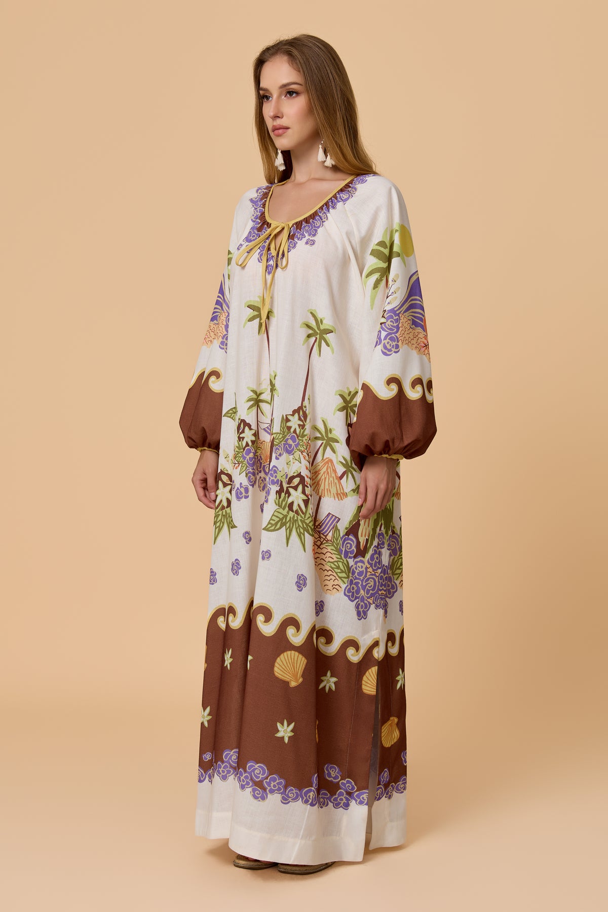 Tropical Island Print Tie Neck Balloon Sleeve Maxi Dress