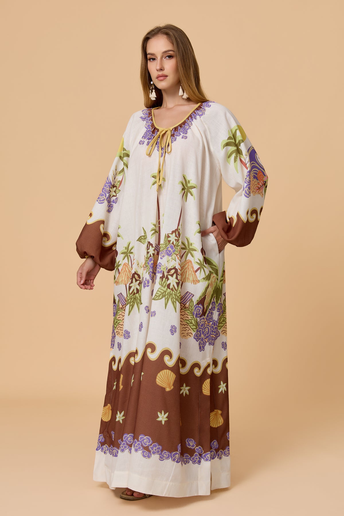 Tropical Island Print Tie Neck Balloon Sleeve Maxi Dress