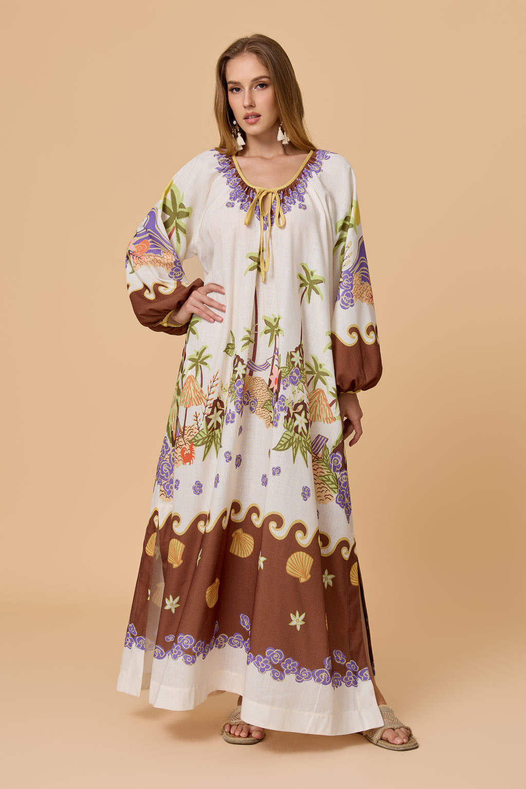 Tropical Island Print Tie Neck Balloon Sleeve Maxi Dress