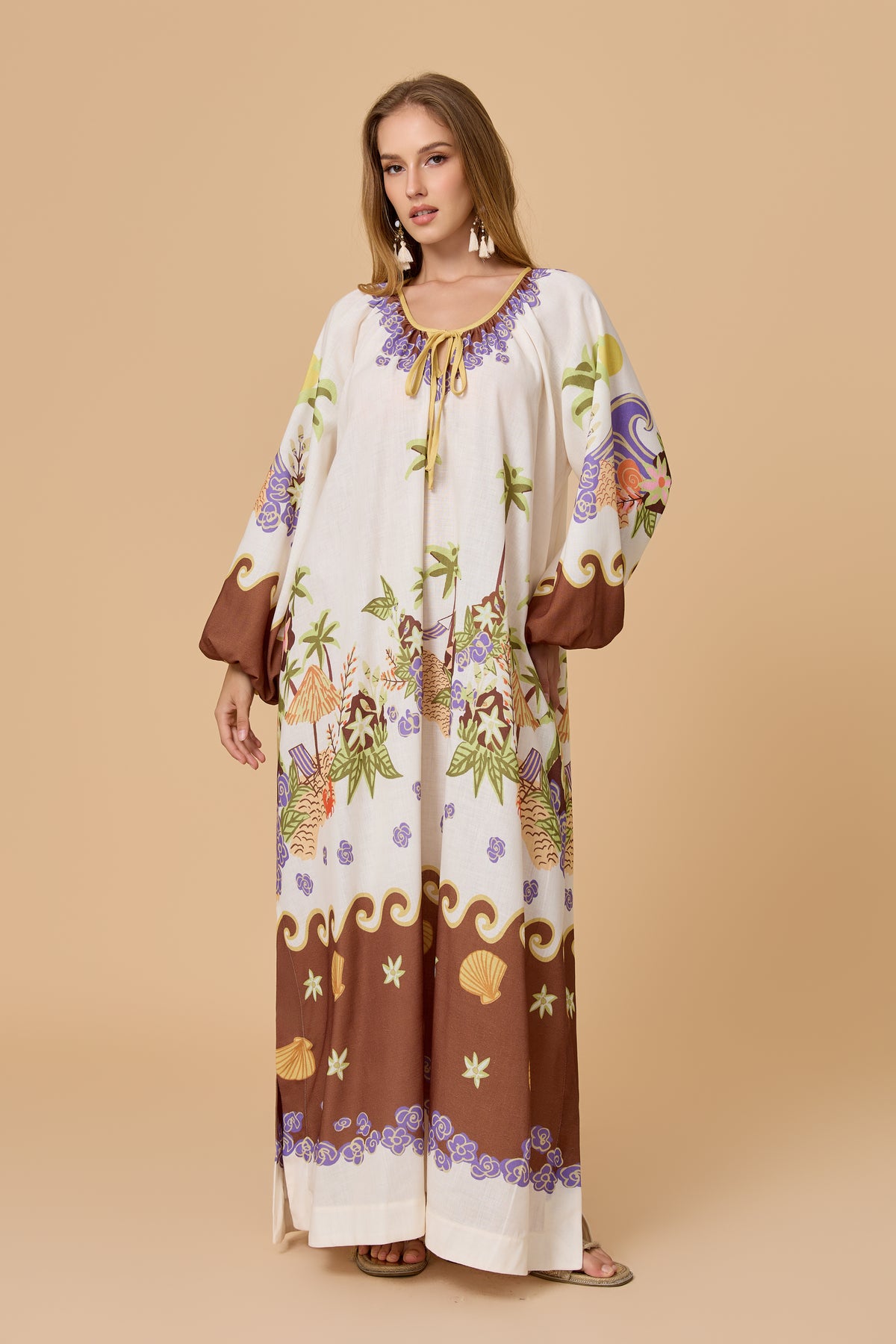 Tropical Island Print Tie Neck Balloon Sleeve Maxi Dress