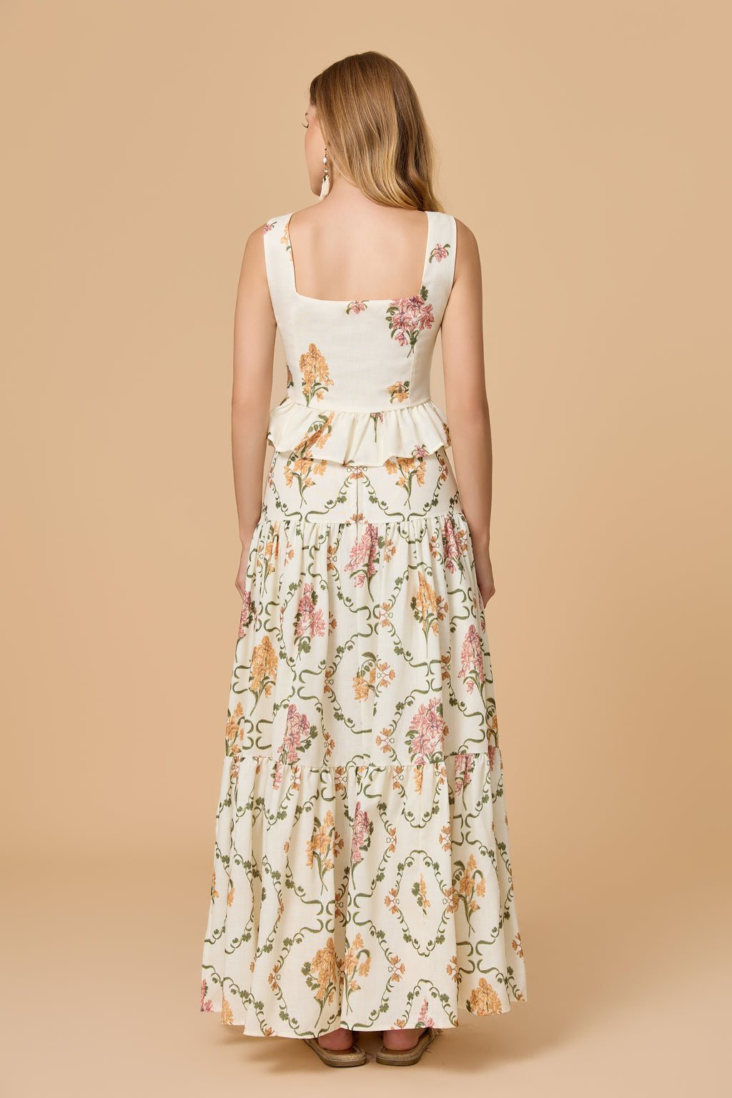 Square Neck Floral Peplum Tiered Maxi Skirt Two Piece Set