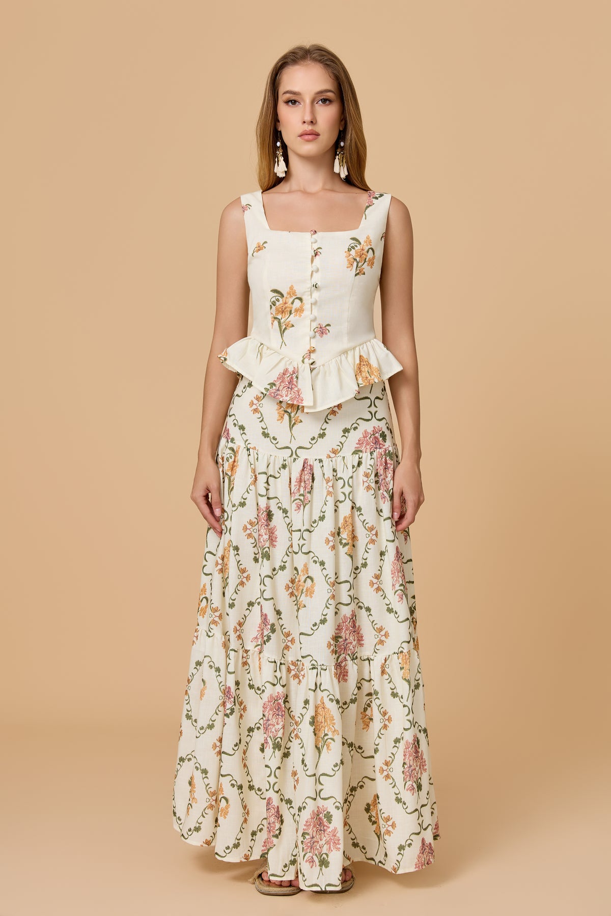 Square Neck Floral Peplum Tiered Maxi Skirt Two Piece Set