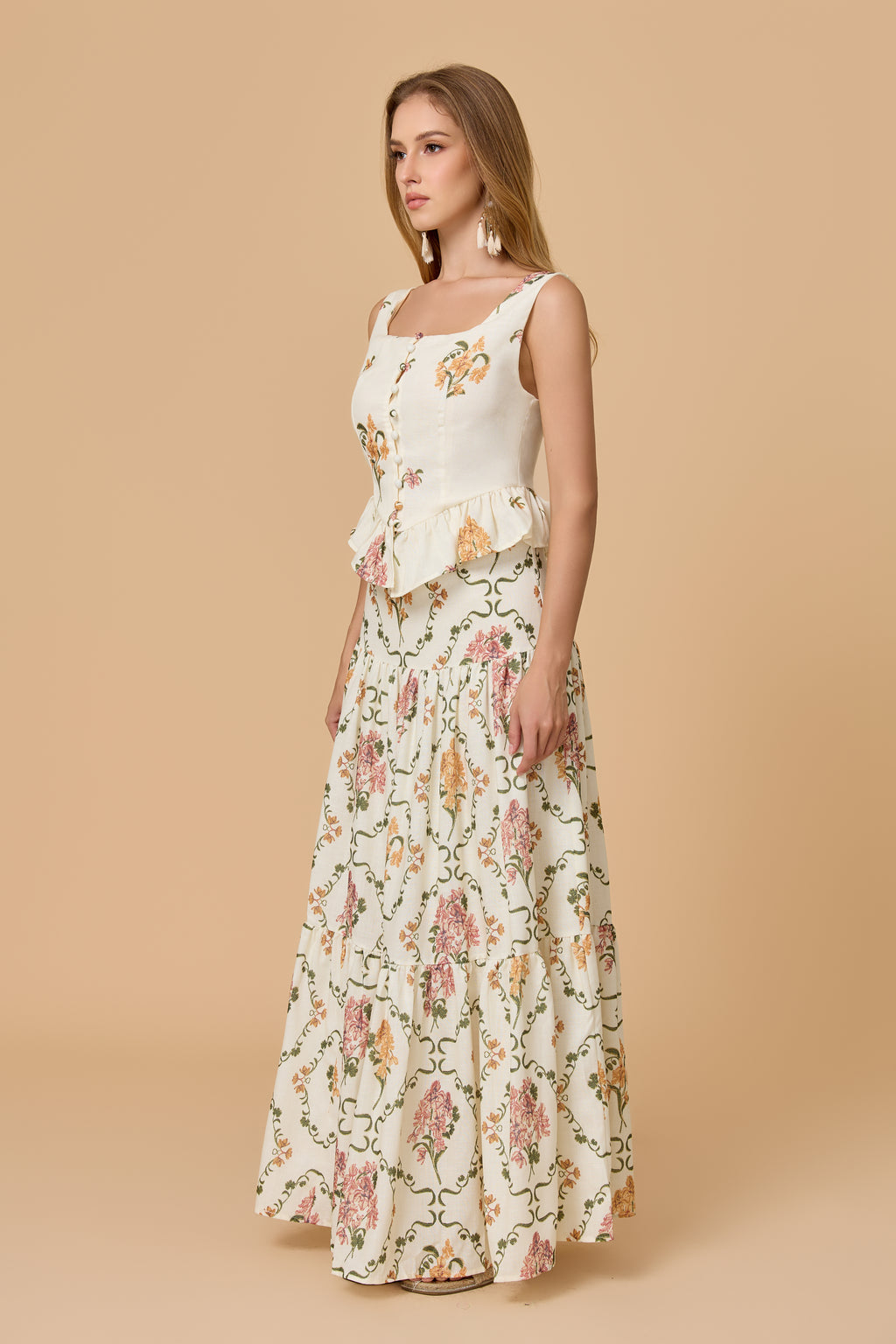 Square Neck Floral Peplum Tiered Maxi Skirt Two Piece Set
