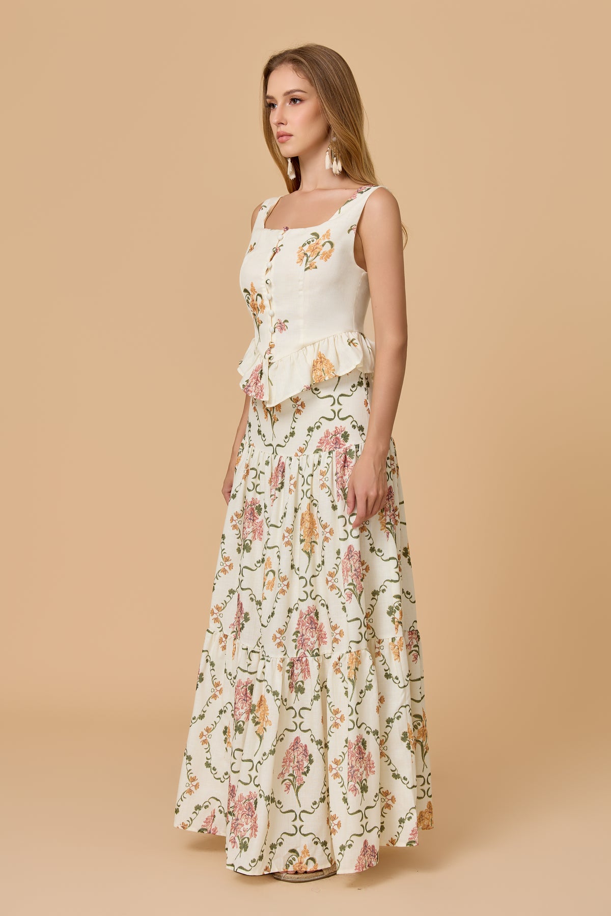 Square Neck Floral Peplum Tiered Maxi Skirt Two Piece Set