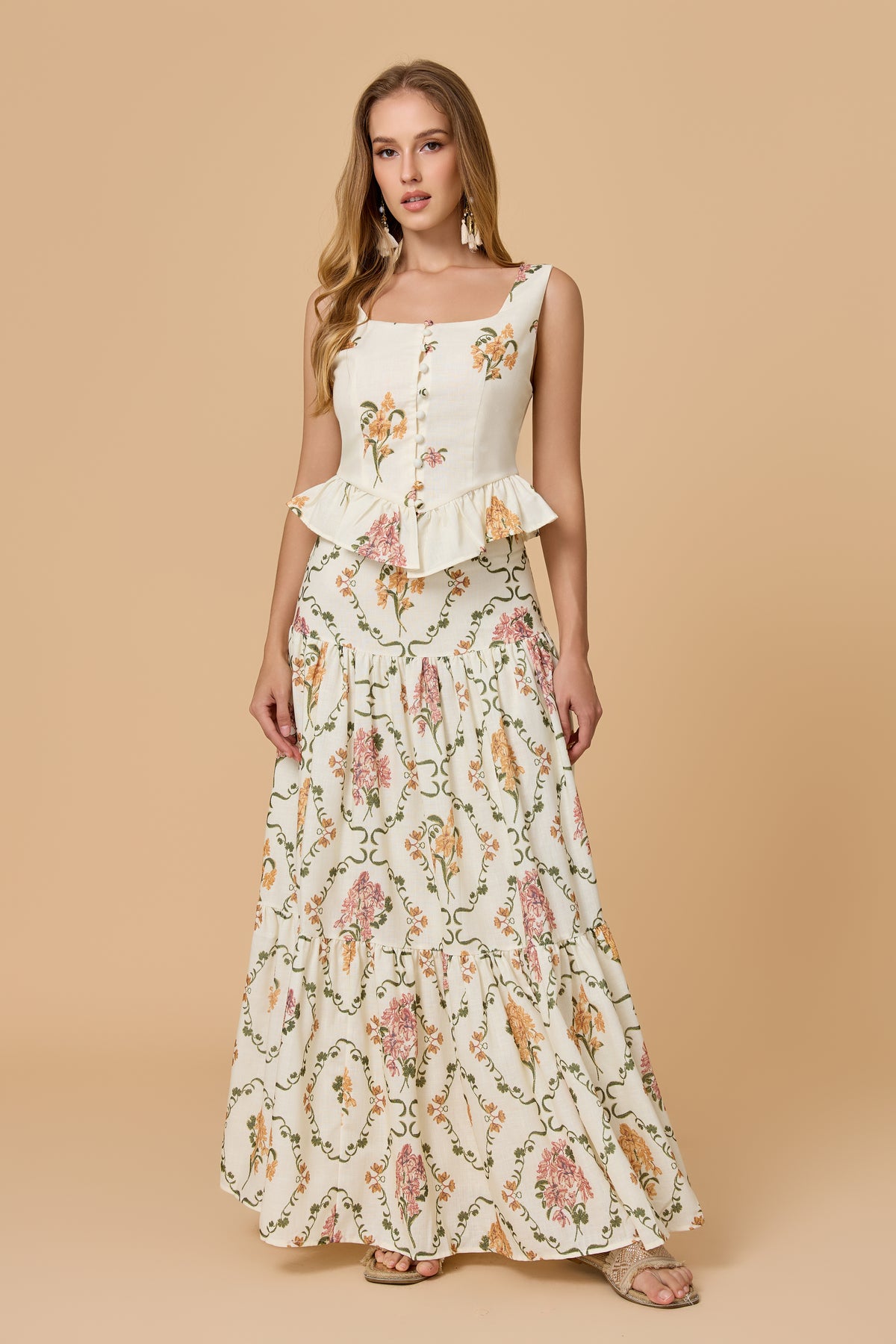 Square Neck Floral Peplum Tiered Maxi Skirt Two Piece Set