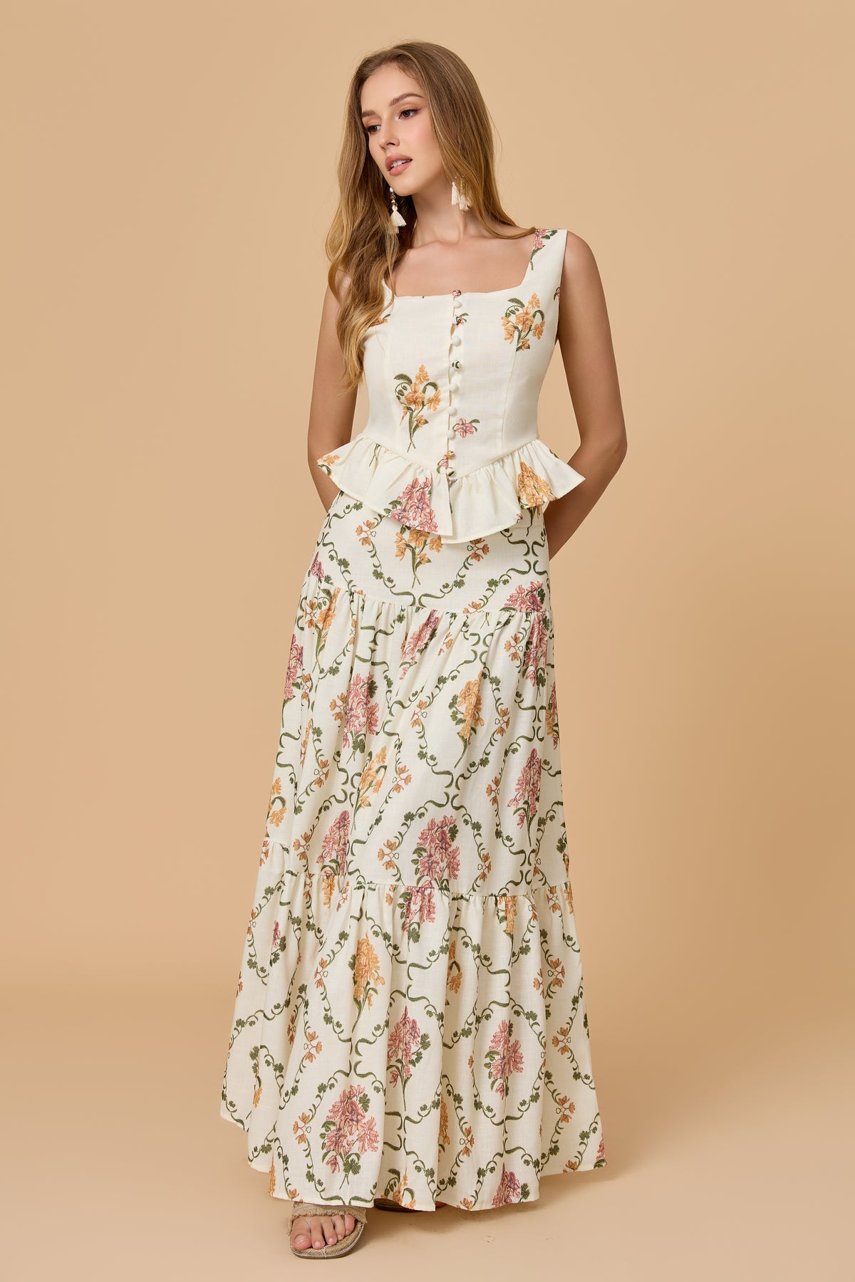 Square Neck Floral Peplum Tiered Maxi Skirt Two Piece Set