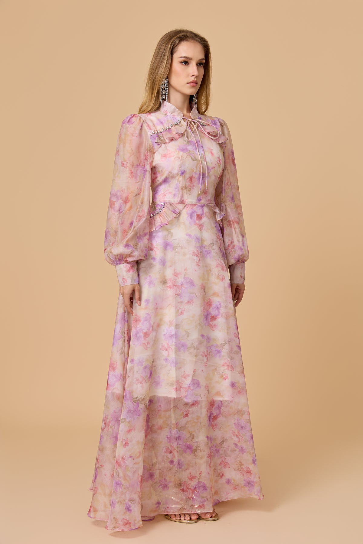 Pink Floral Puff Sleeve Flowy Maxi Gown