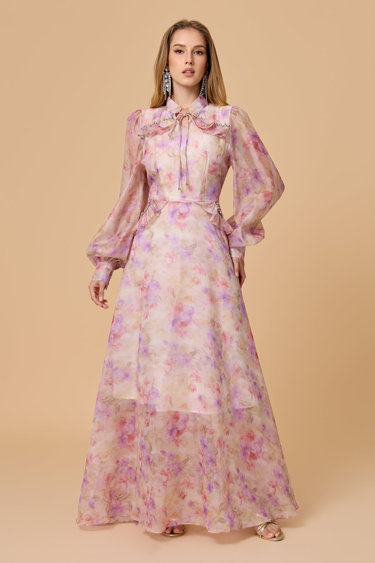 Pink Floral Puff Sleeve Flowy Maxi Gown