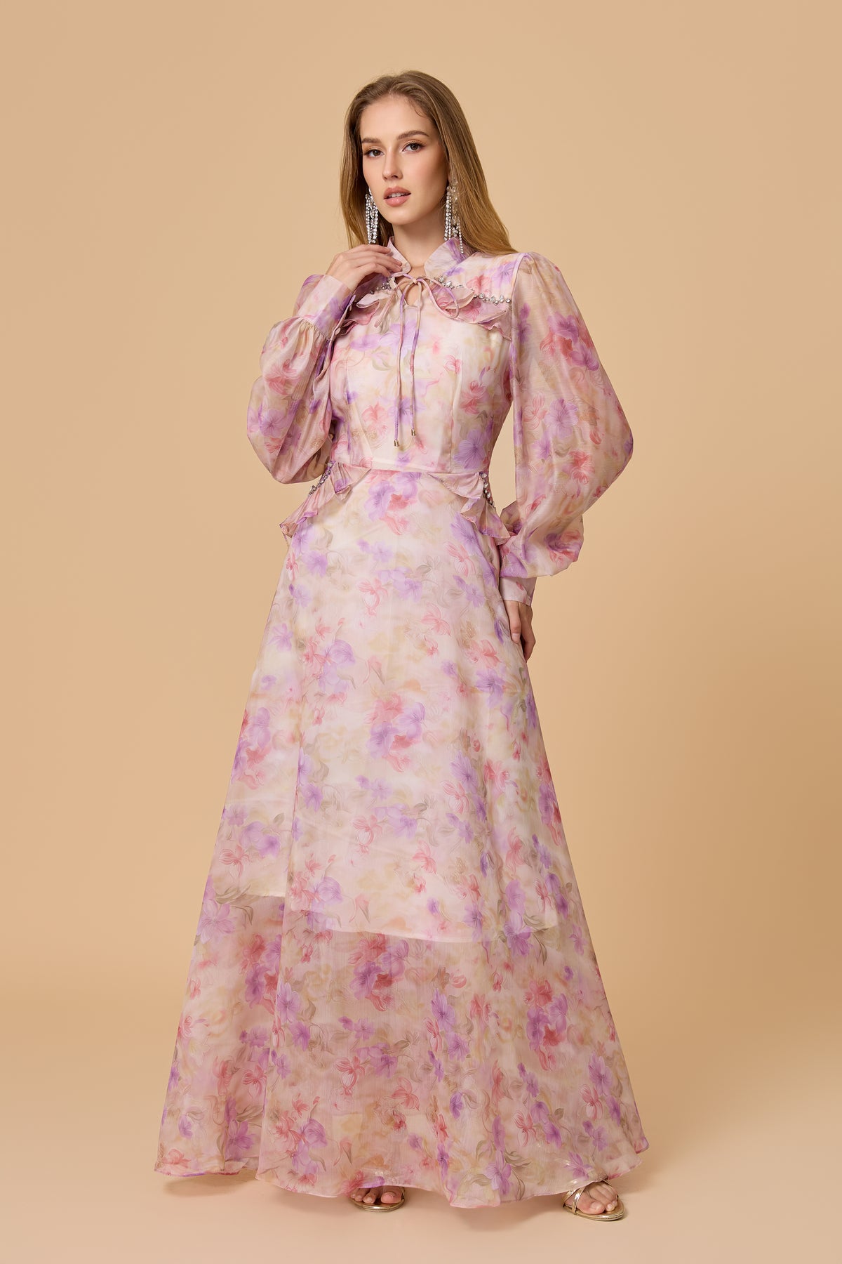Pink Floral Puff Sleeve Flowy Maxi Gown