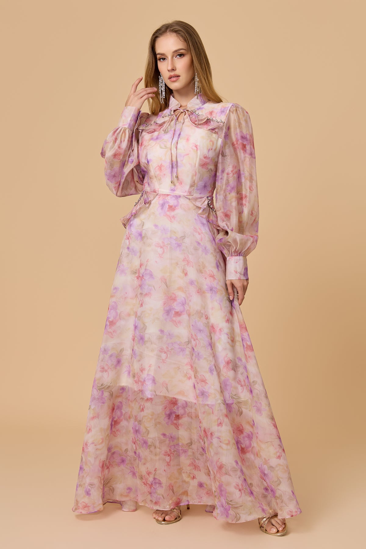 Pink Floral Puff Sleeve Flowy Maxi Gown