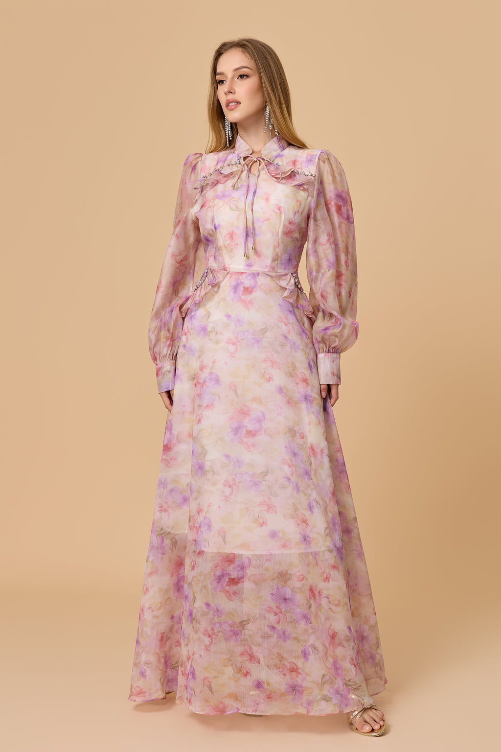 Pink Floral Puff Sleeve Flowy Maxi Gown