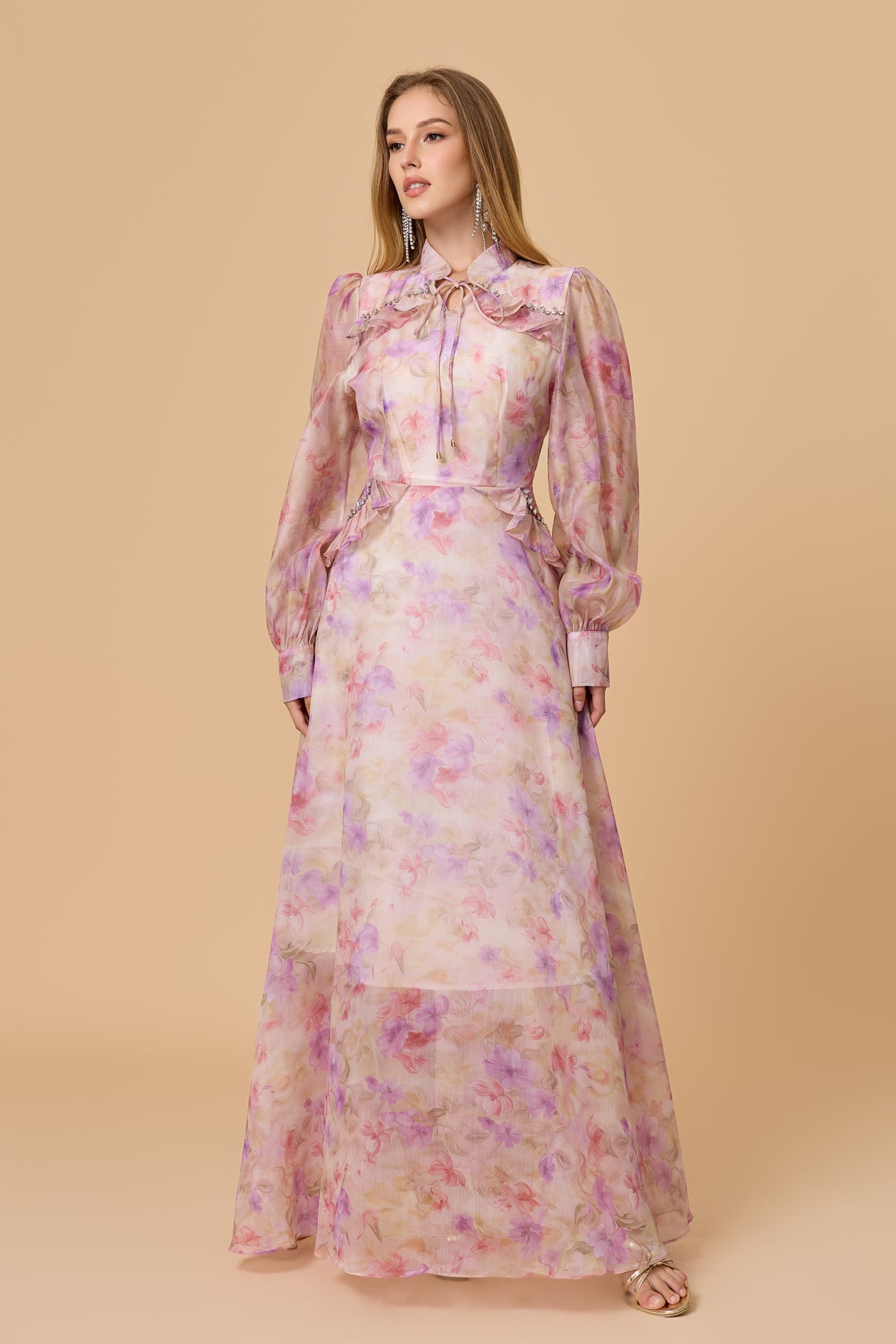 Pink Floral Puff Sleeve Flowy Maxi Gown