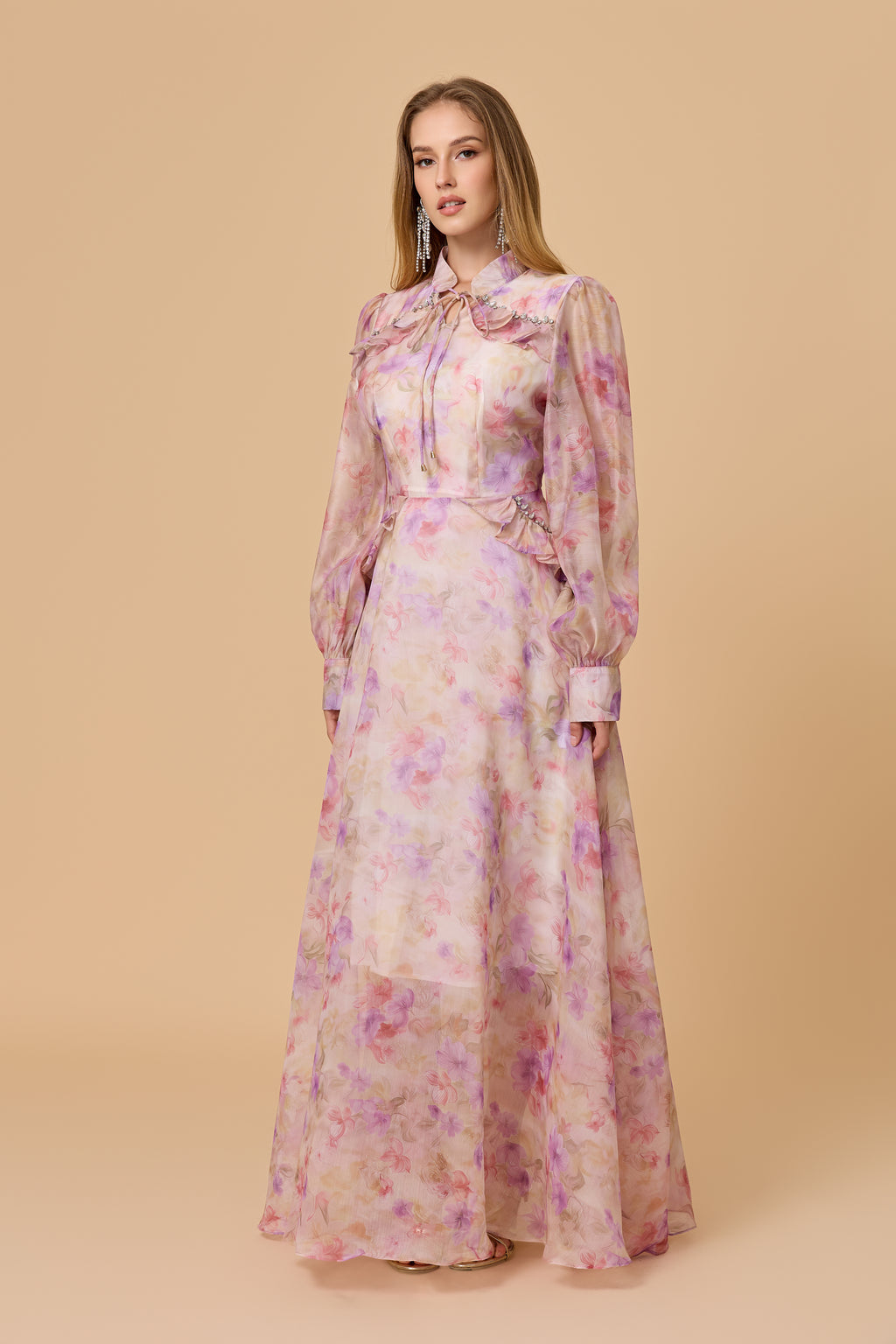 Pink Floral Puff Sleeve Flowy Maxi Gown