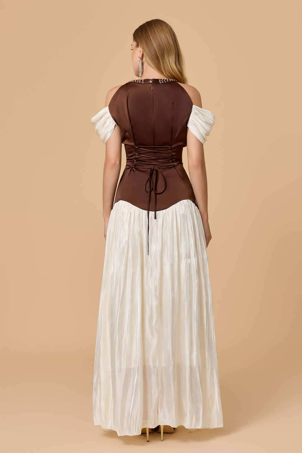 Brown Ivory Studded Halter Cold Shoulder Maxi Dress