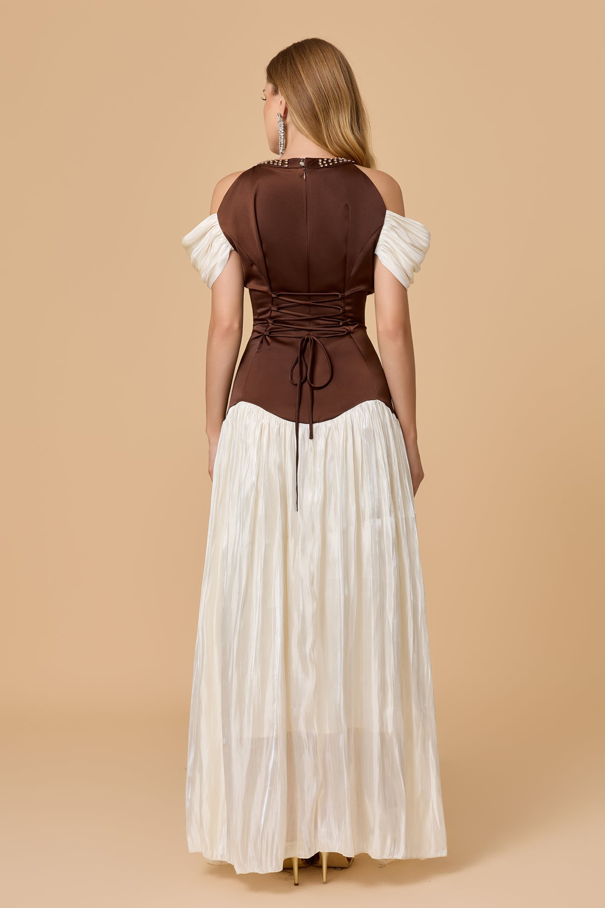 Brown Ivory Studded Halter Cold Shoulder Maxi Dress