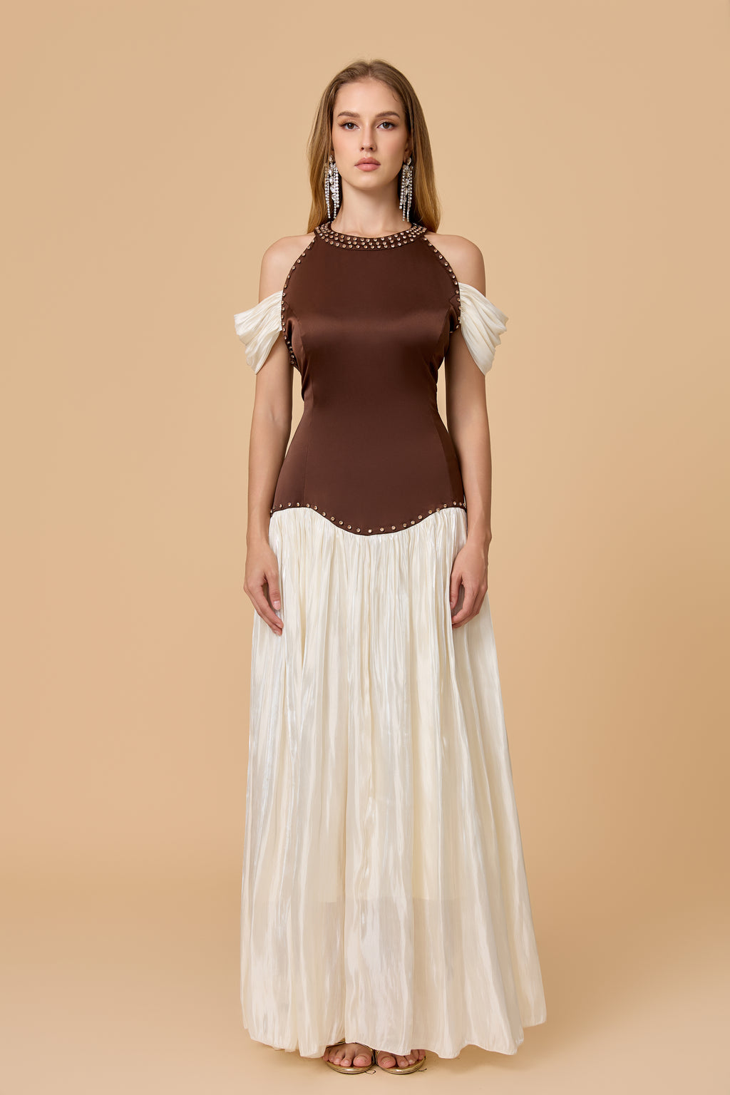 Brown Ivory Studded Halter Cold Shoulder Maxi Dress