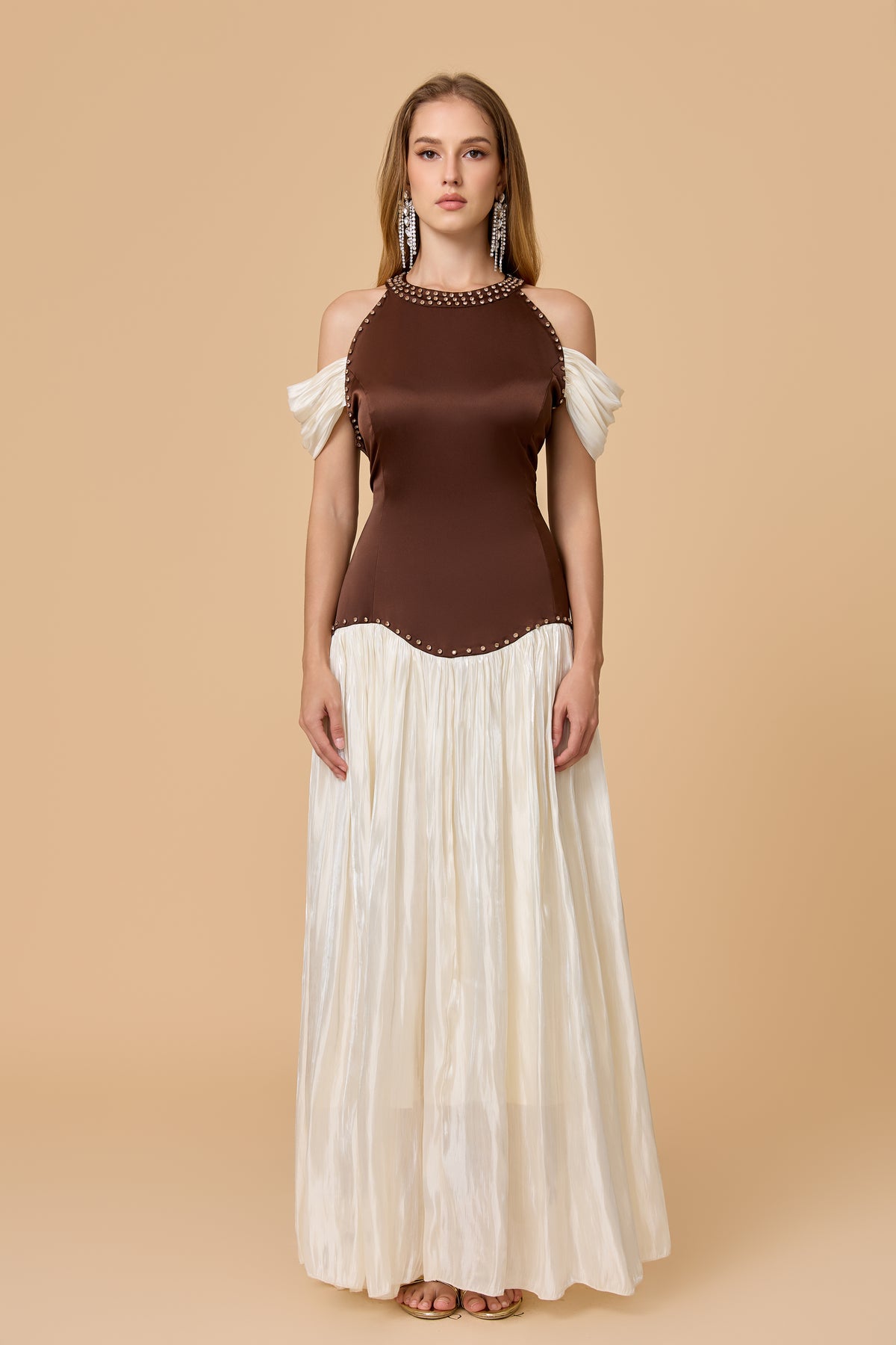 Brown Ivory Studded Halter Cold Shoulder Maxi Dress