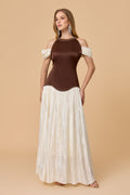 Brown Ivory Studded Halter Cold Shoulder Maxi Dress
