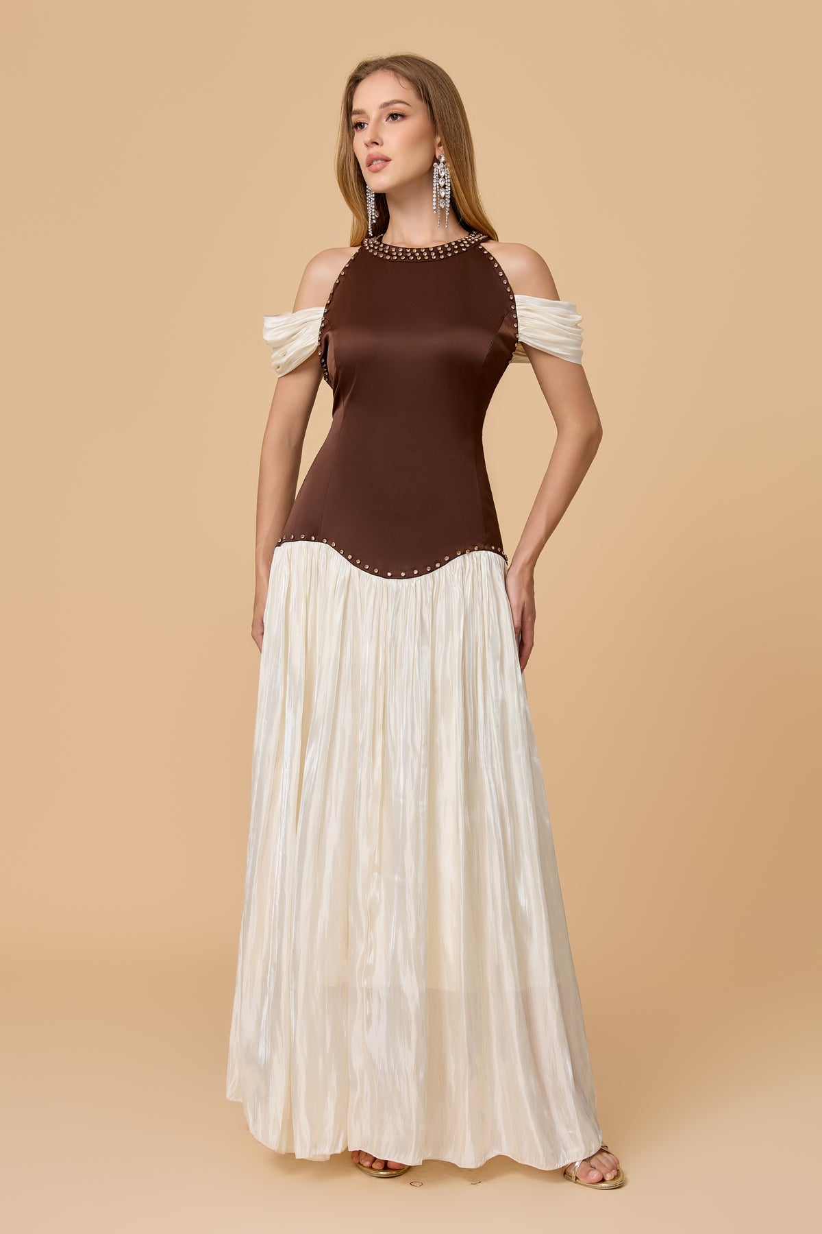 Brown Ivory Studded Halter Cold Shoulder Maxi Dress