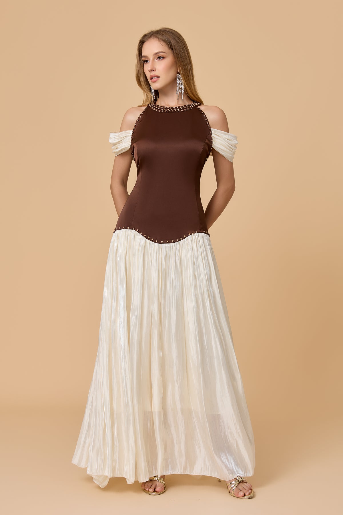 Brown Ivory Studded Halter Cold Shoulder Maxi Dress