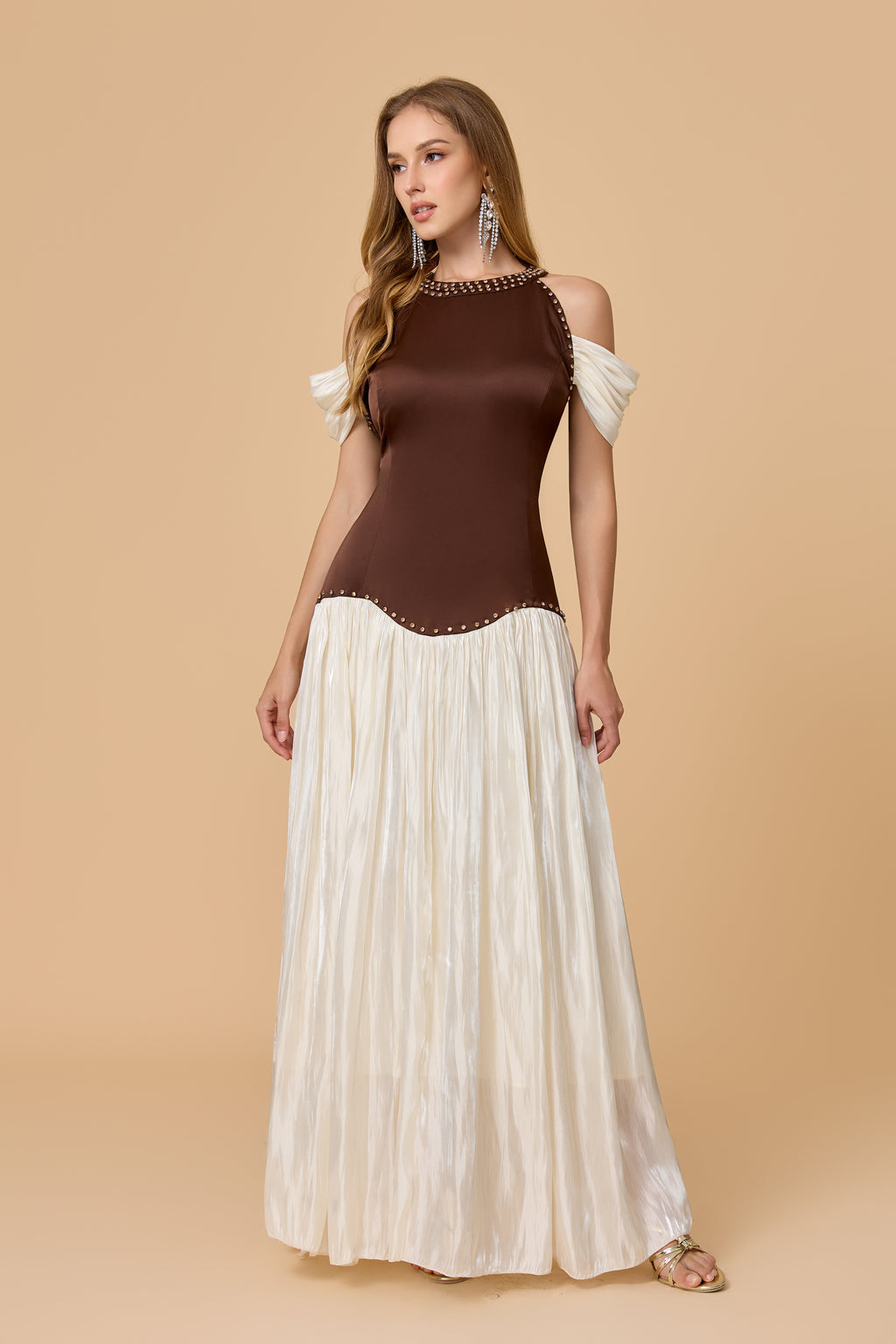 Brown Ivory Studded Halter Cold Shoulder Maxi Dress