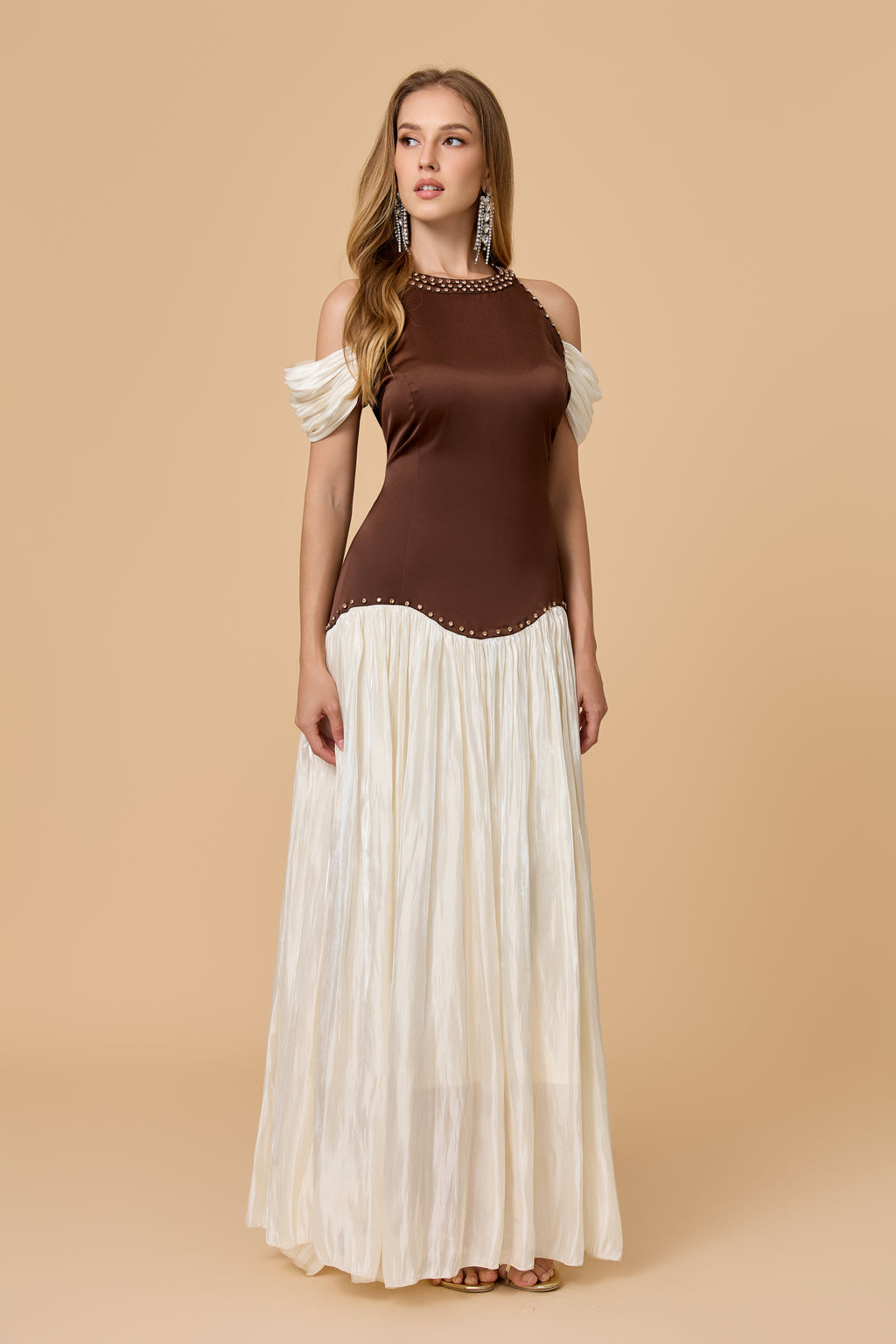 Brown Ivory Studded Halter Cold Shoulder Maxi Dress