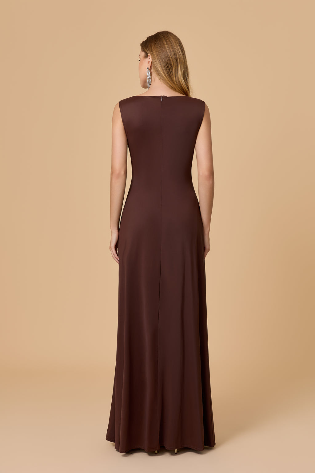 Scoop Neck Sleeveless Brown Formal Maxi Dress