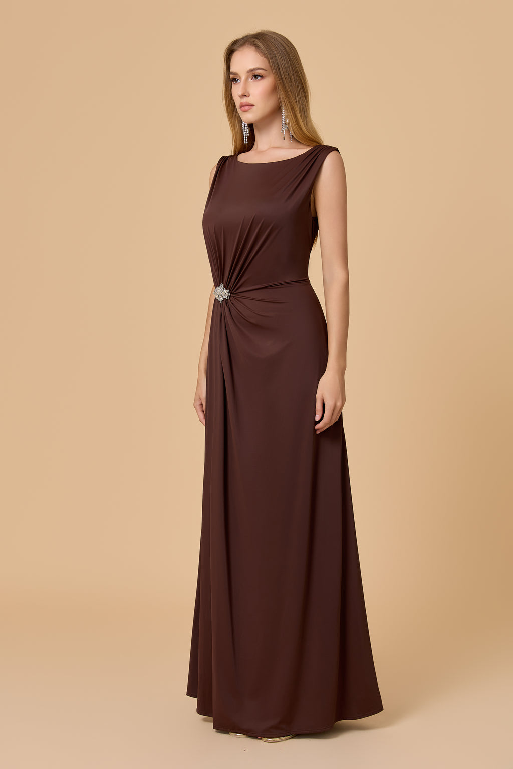 Scoop Neck Sleeveless Brown Formal Maxi Dress