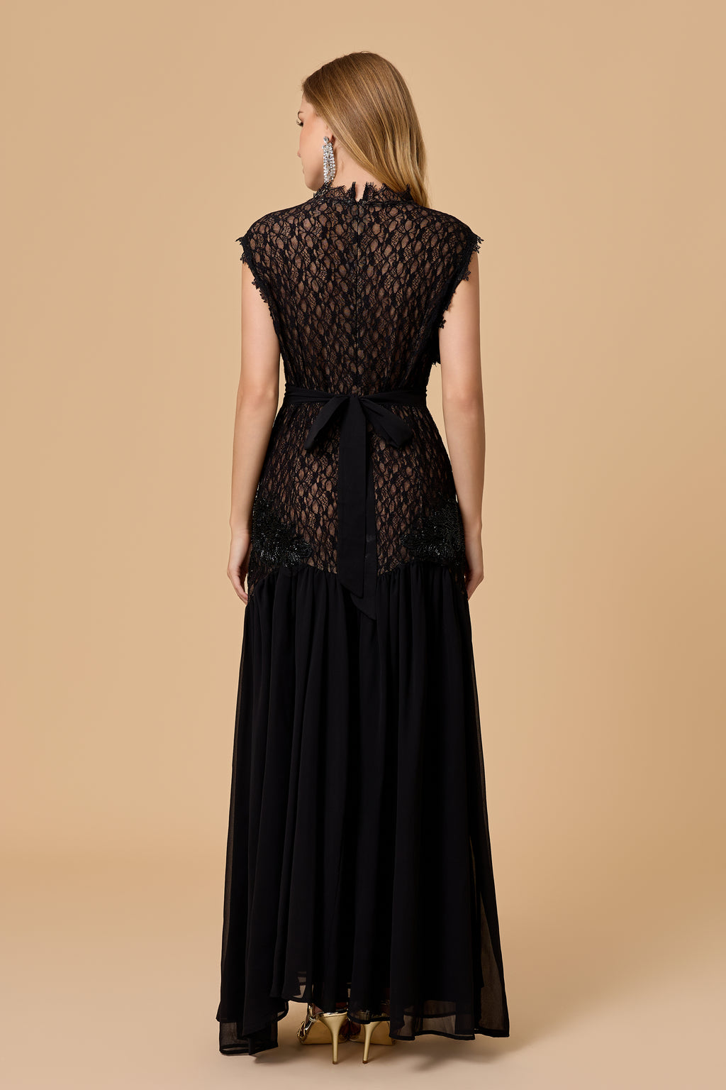 Out In Elegance Black Floral Applique Lace Bodice Maxi Dress
