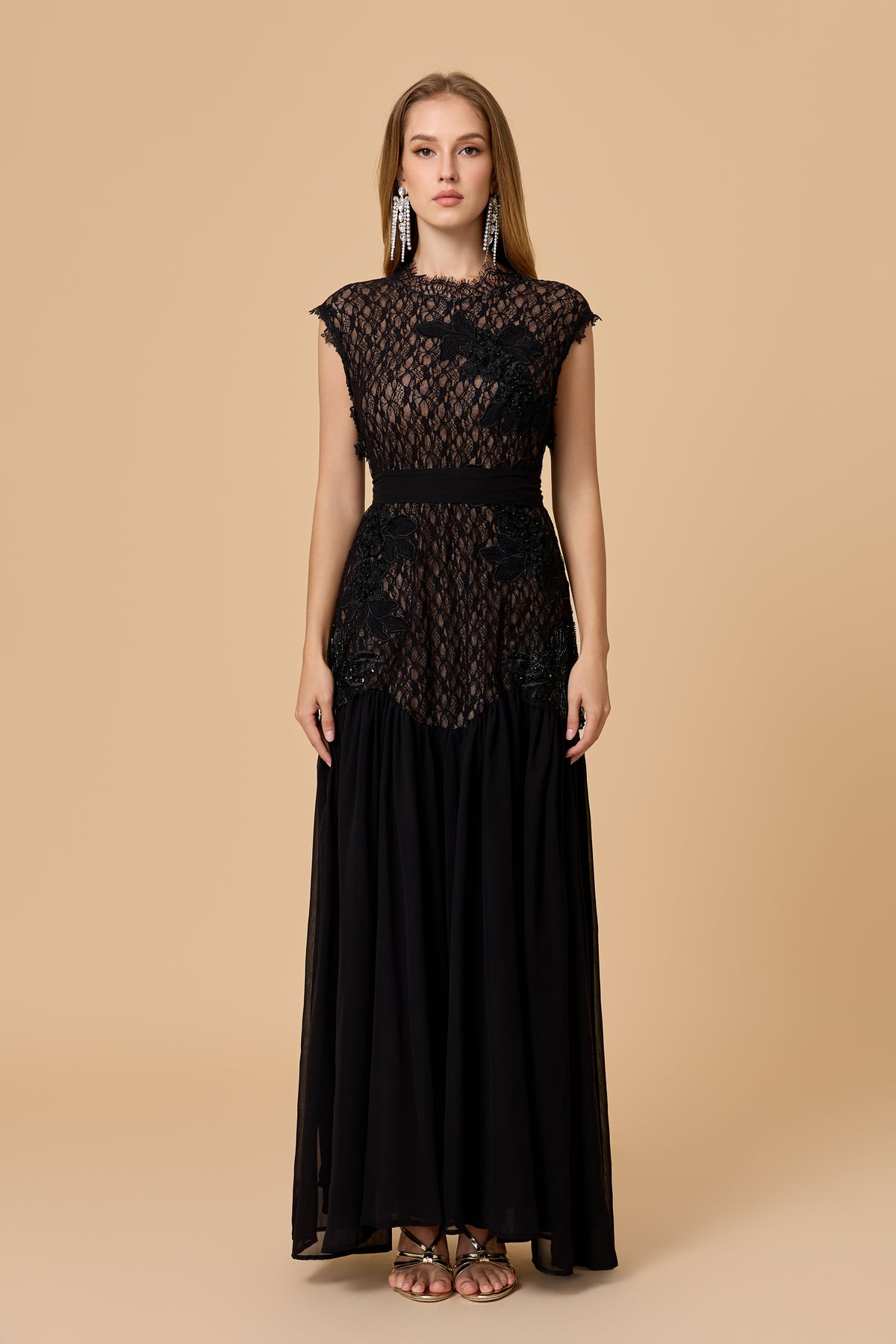 Out In Elegance Black Floral Applique Lace Bodice Maxi Dress