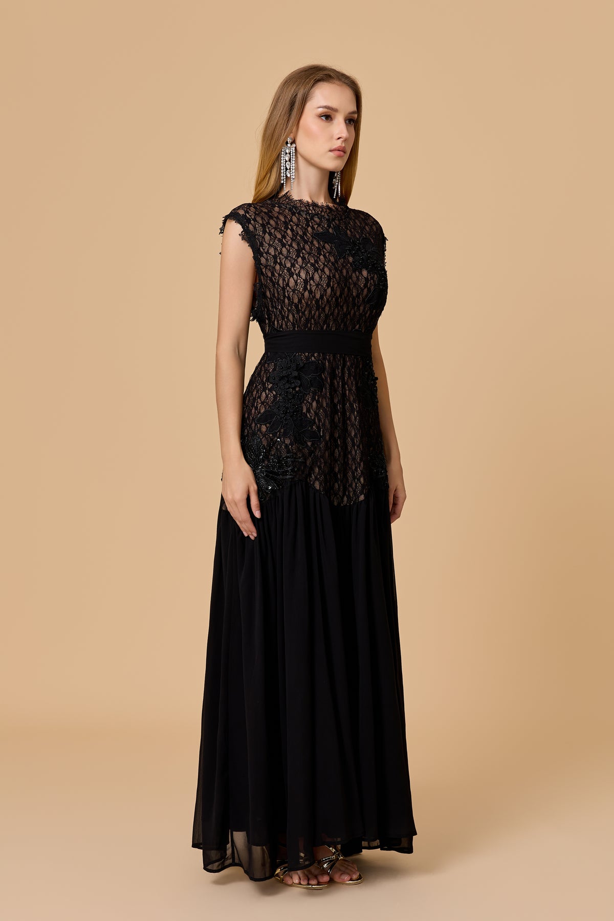 Out In Elegance Black Floral Applique Lace Bodice Maxi Dress
