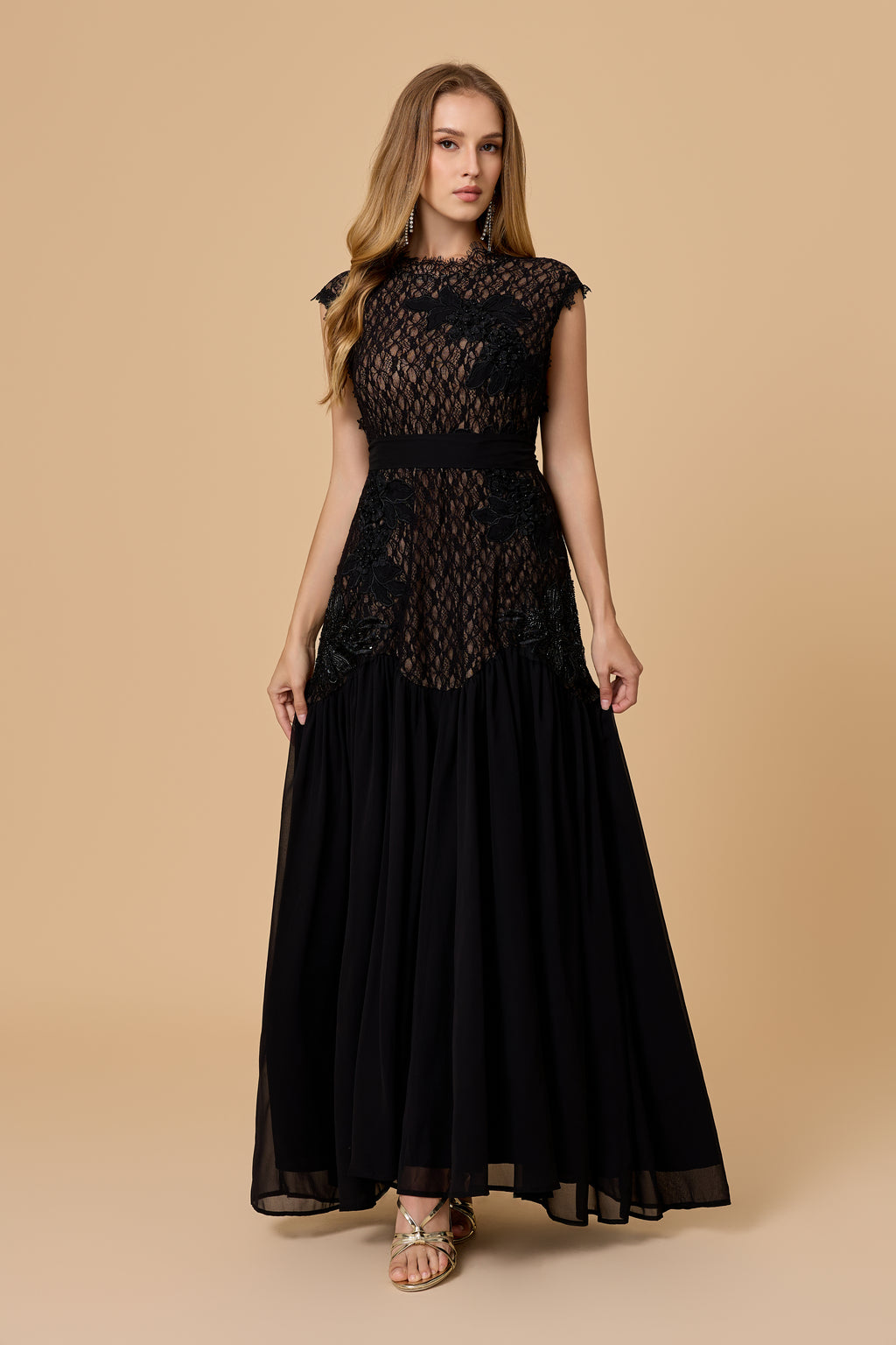 Out In Elegance Black Floral Applique Lace Bodice Maxi Dress