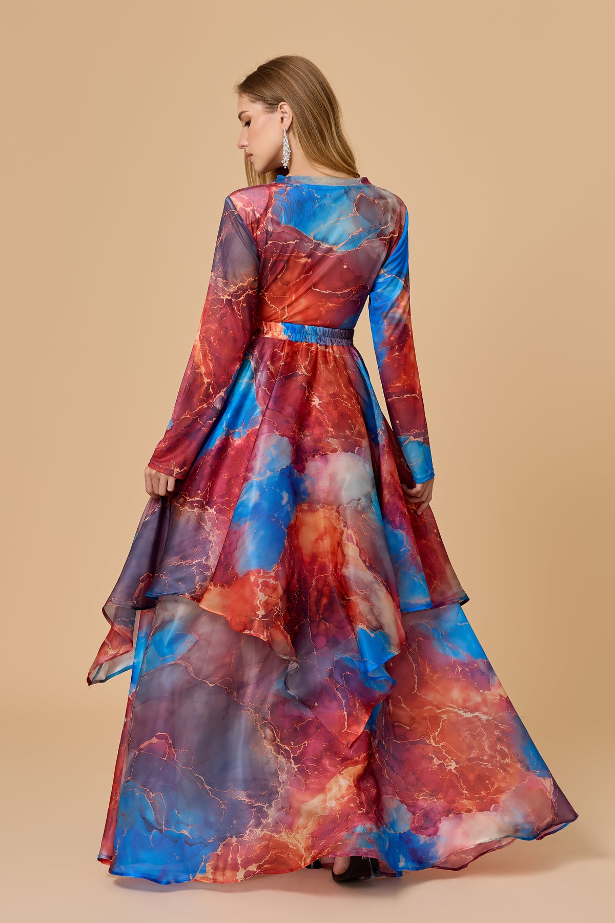 Watercolor Marble Print Long Sleeve Flowy Maxi Dress
