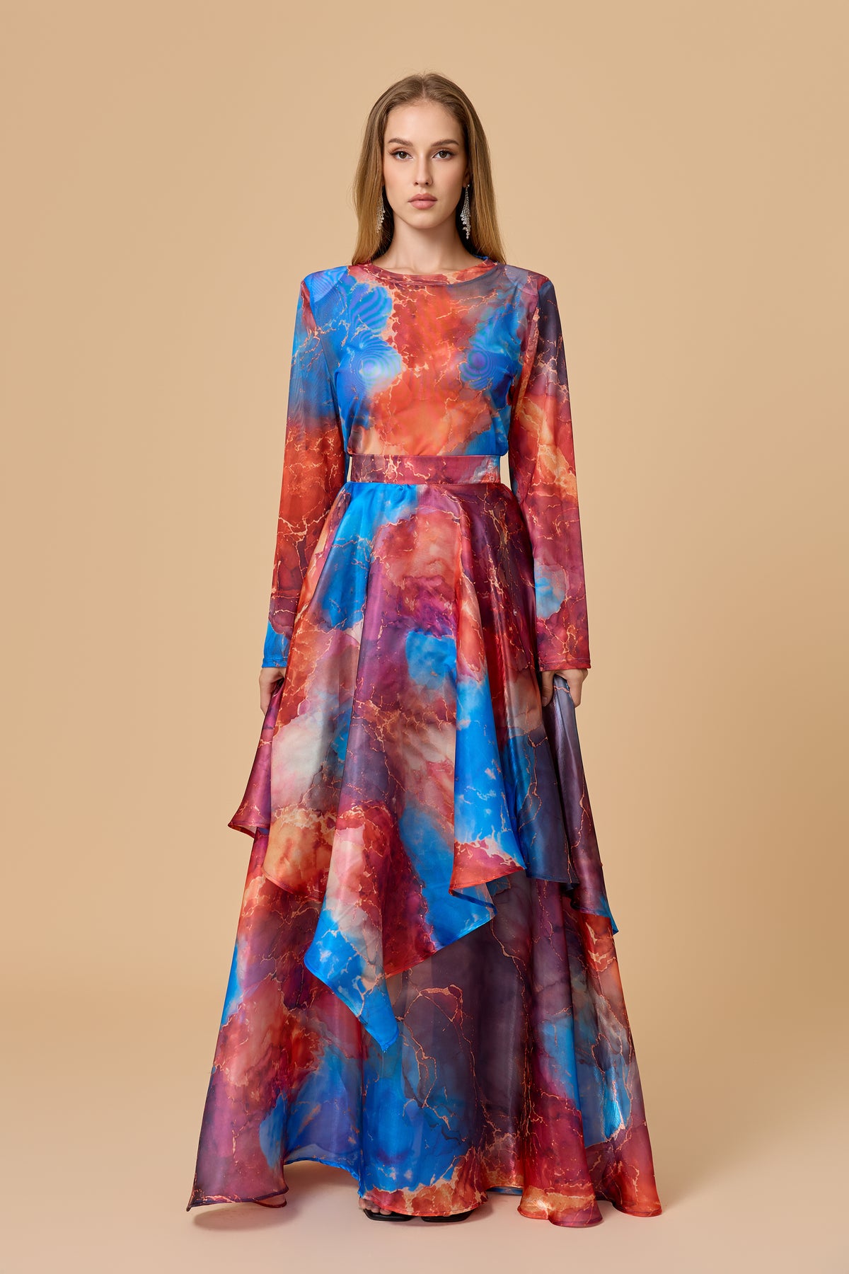 Watercolor Marble Print Long Sleeve Flowy Maxi Dress