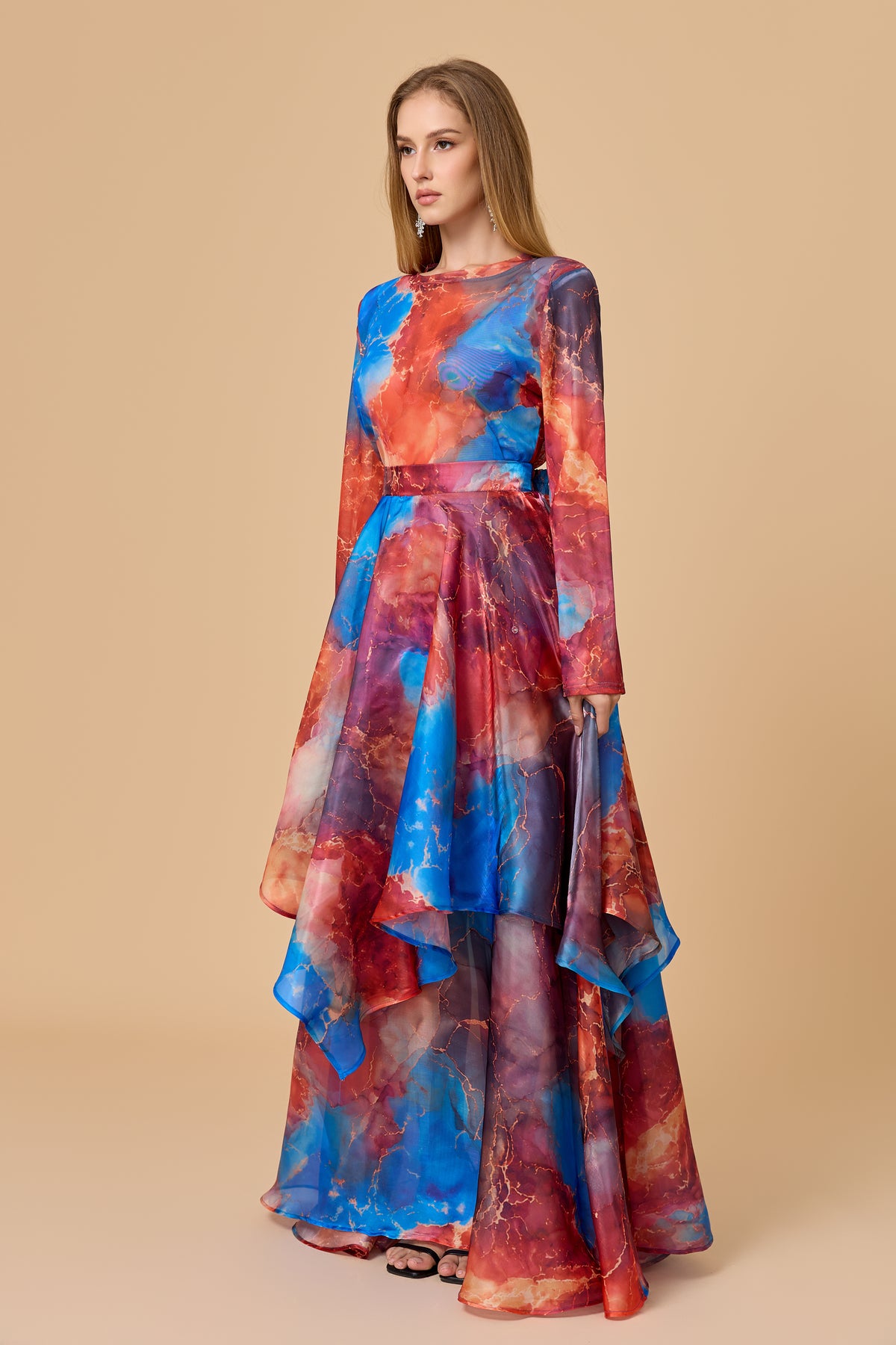 Watercolor Marble Print Long Sleeve Flowy Maxi Dress