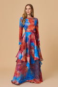 Watercolor Marble Print Long Sleeve Flowy Maxi Dress