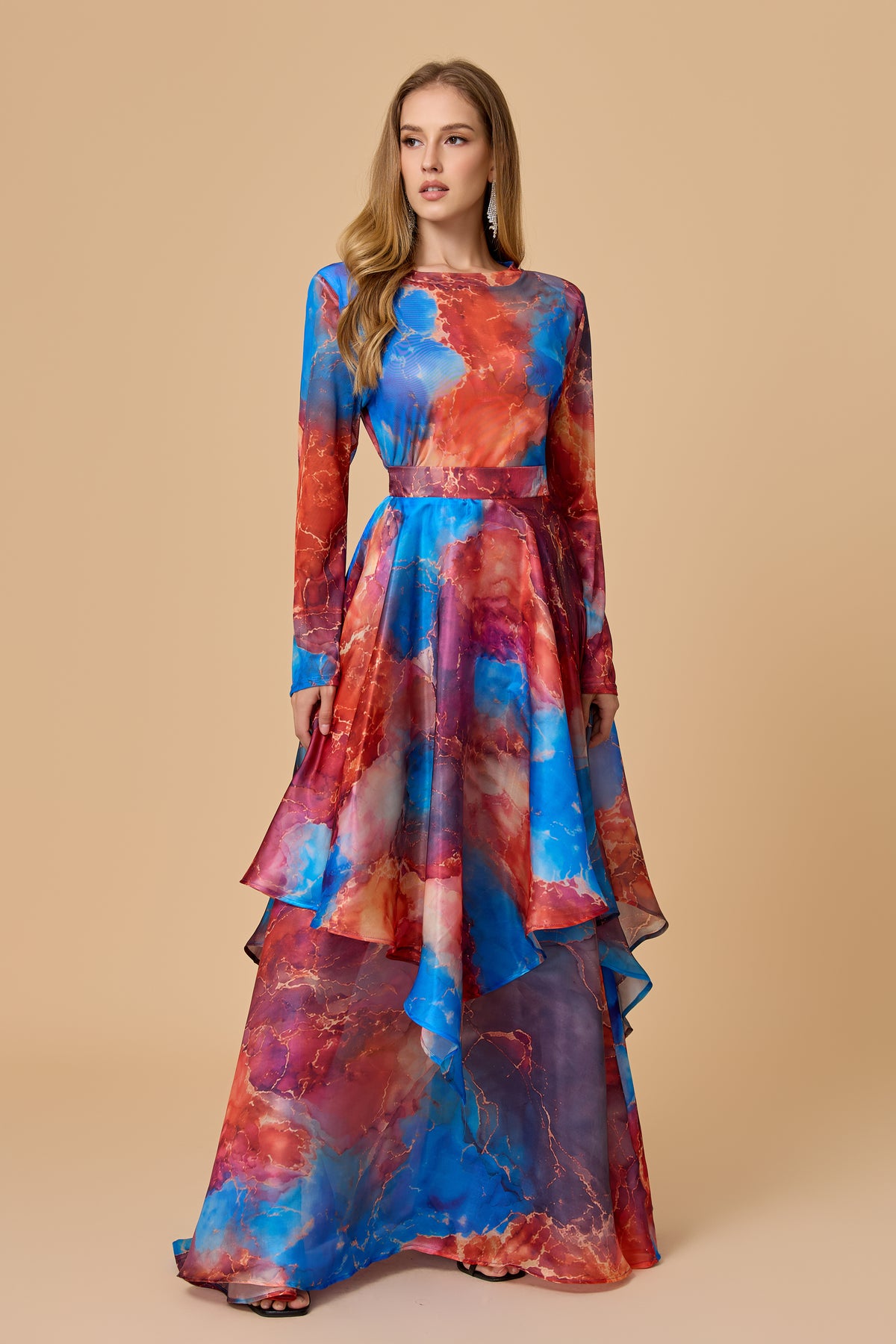 Watercolor Marble Print Long Sleeve Flowy Maxi Dress