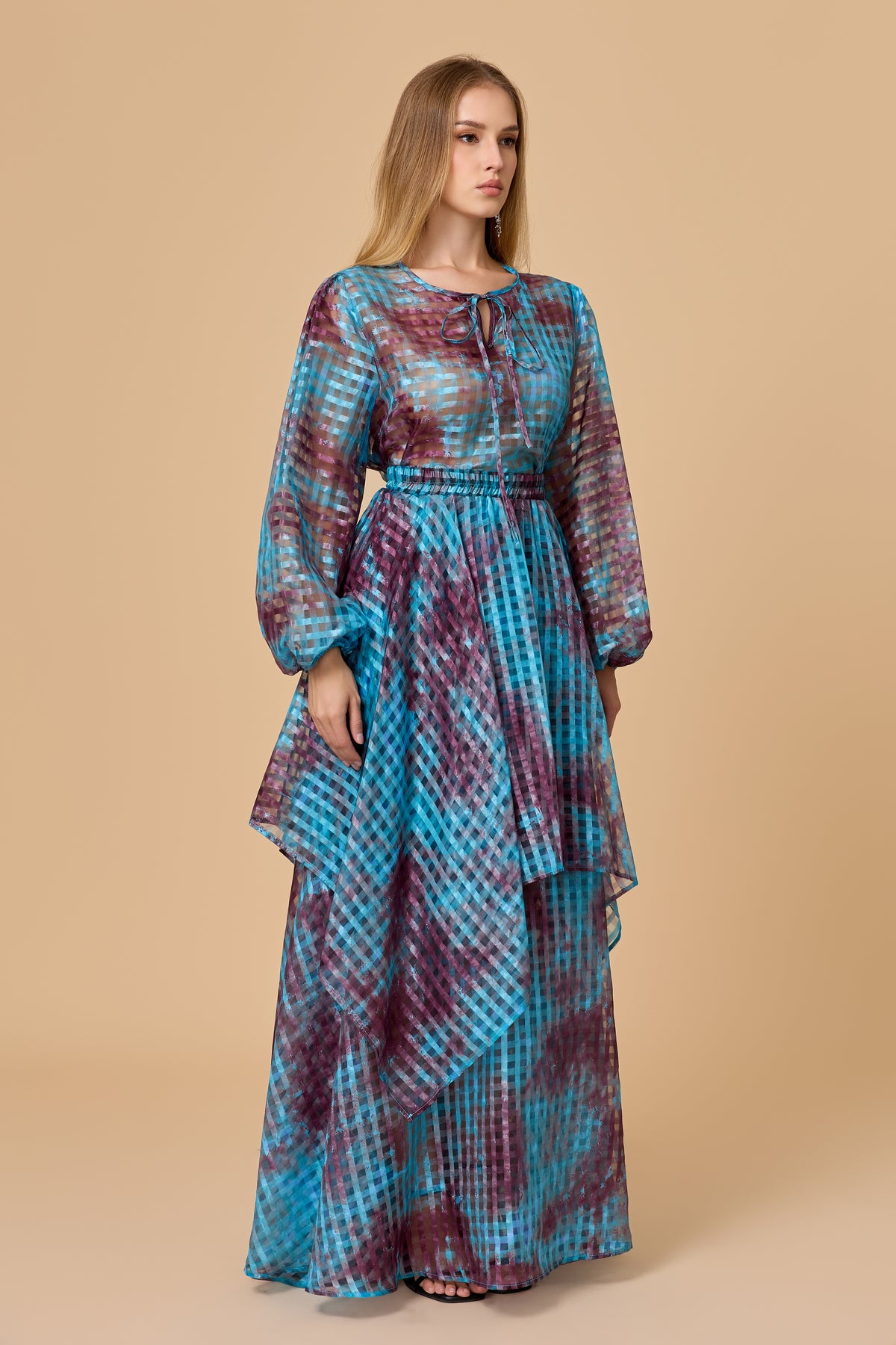 Tie Neck Sheer Check Print Tiered Maxi Dress