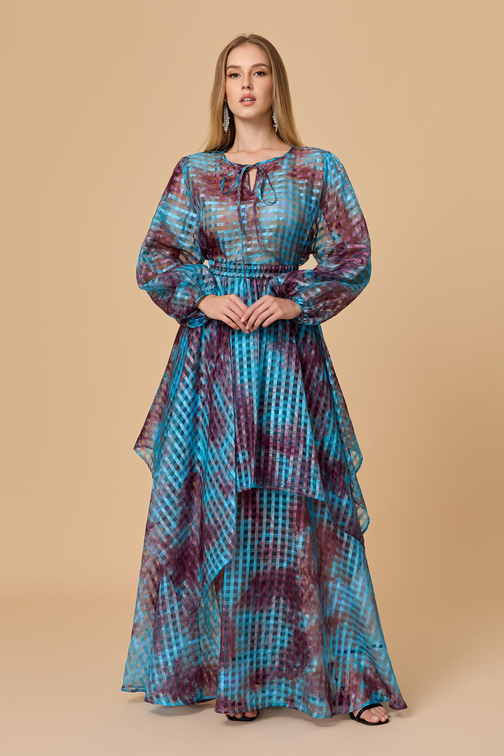 Tie Neck Sheer Check Print Tiered Maxi Dress