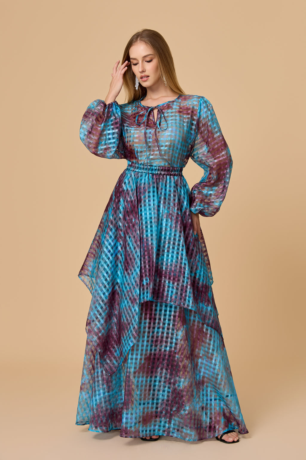 Tie Neck Sheer Check Print Tiered Maxi Dress