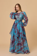 Tie Neck Sheer Check Print Tiered Maxi Dress